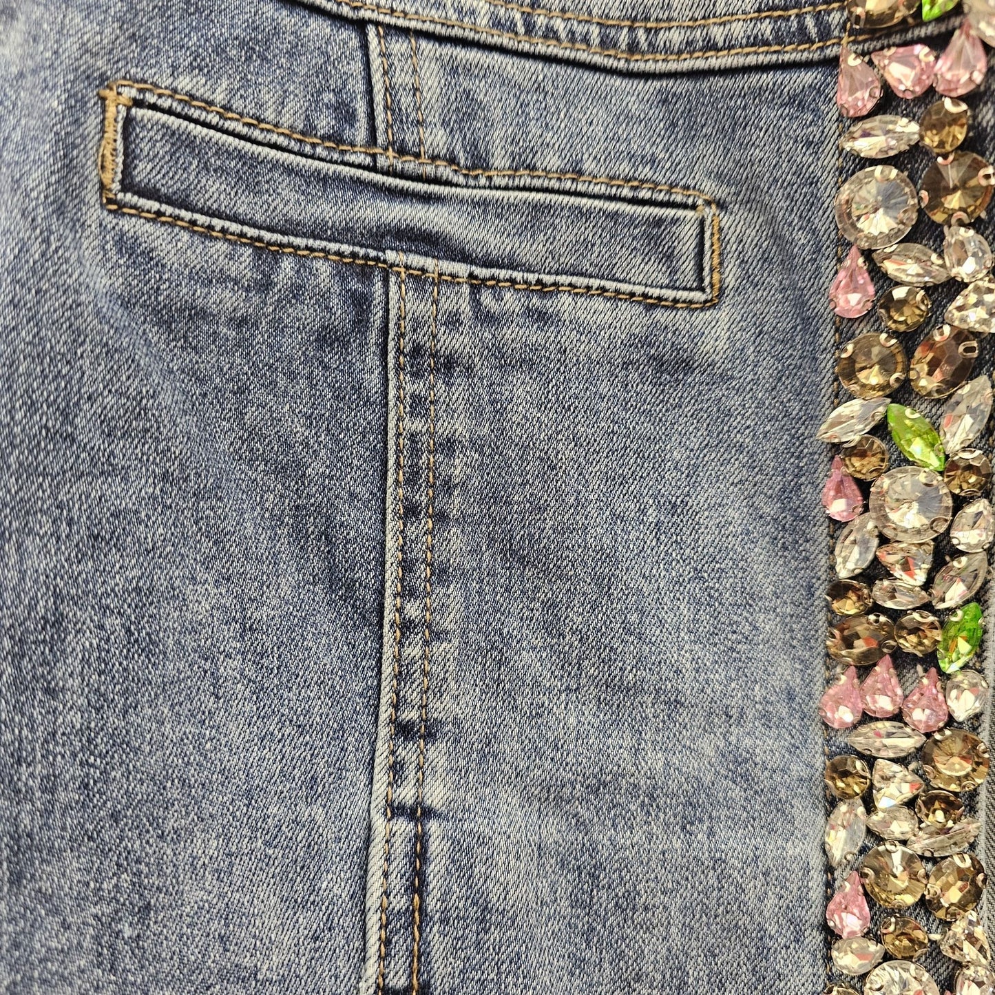 Melanie Lyne Embellished Denim Open Front Bejeweled Jacket