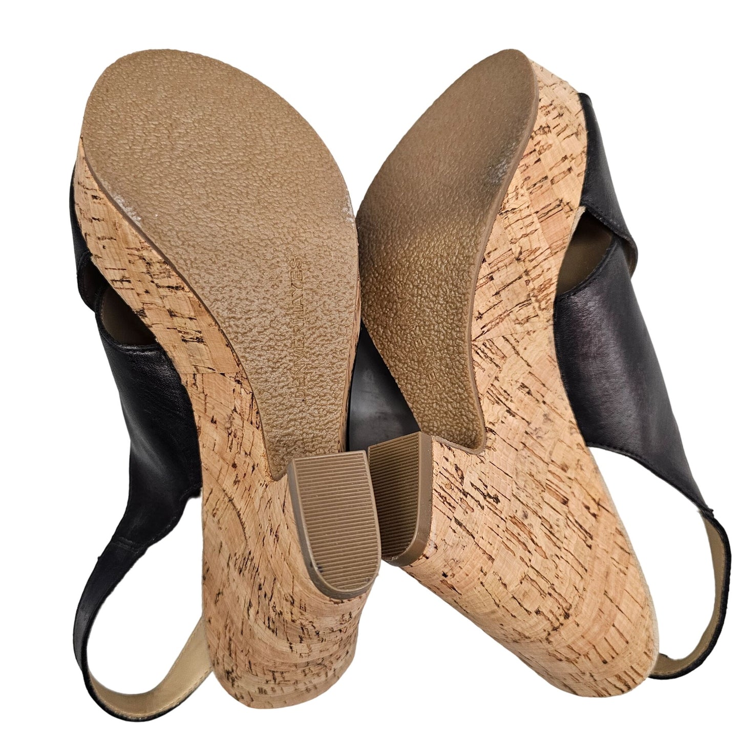 Denver Hayes Quad Comfort Women's Black Leather Cork Wedge Sandals With Adjustable Buckle Strap & Open Toe