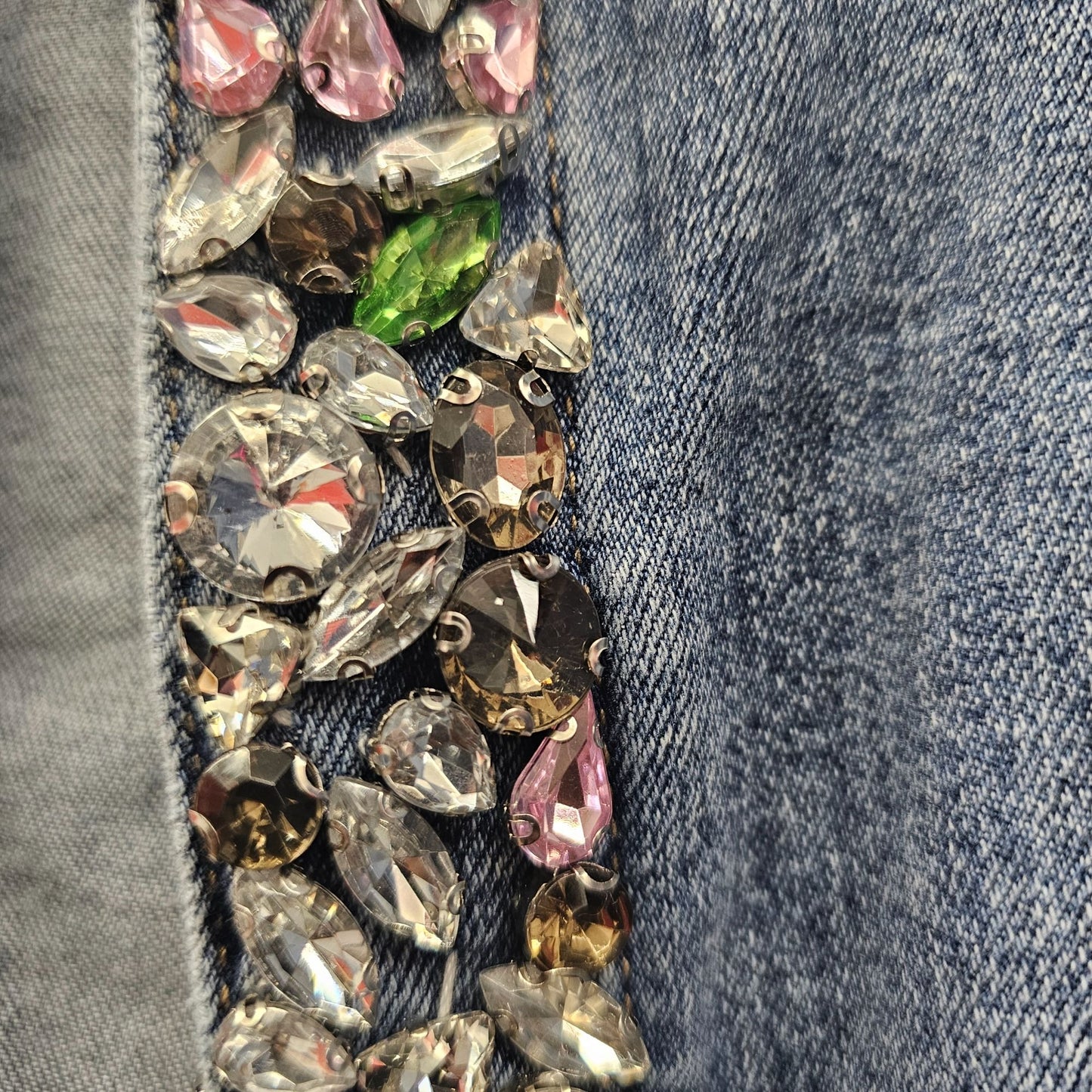 Melanie Lyne Embellished Denim Open Front Bejeweled Jacket
