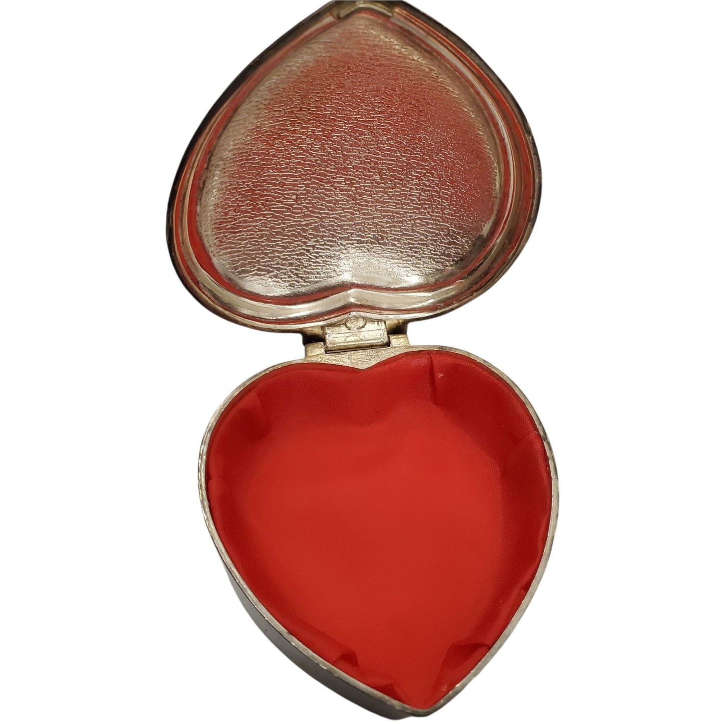 Vintage Silverplate Heart Trinket Jewelry Box w Red Velvet Lining Gold Tone Bow