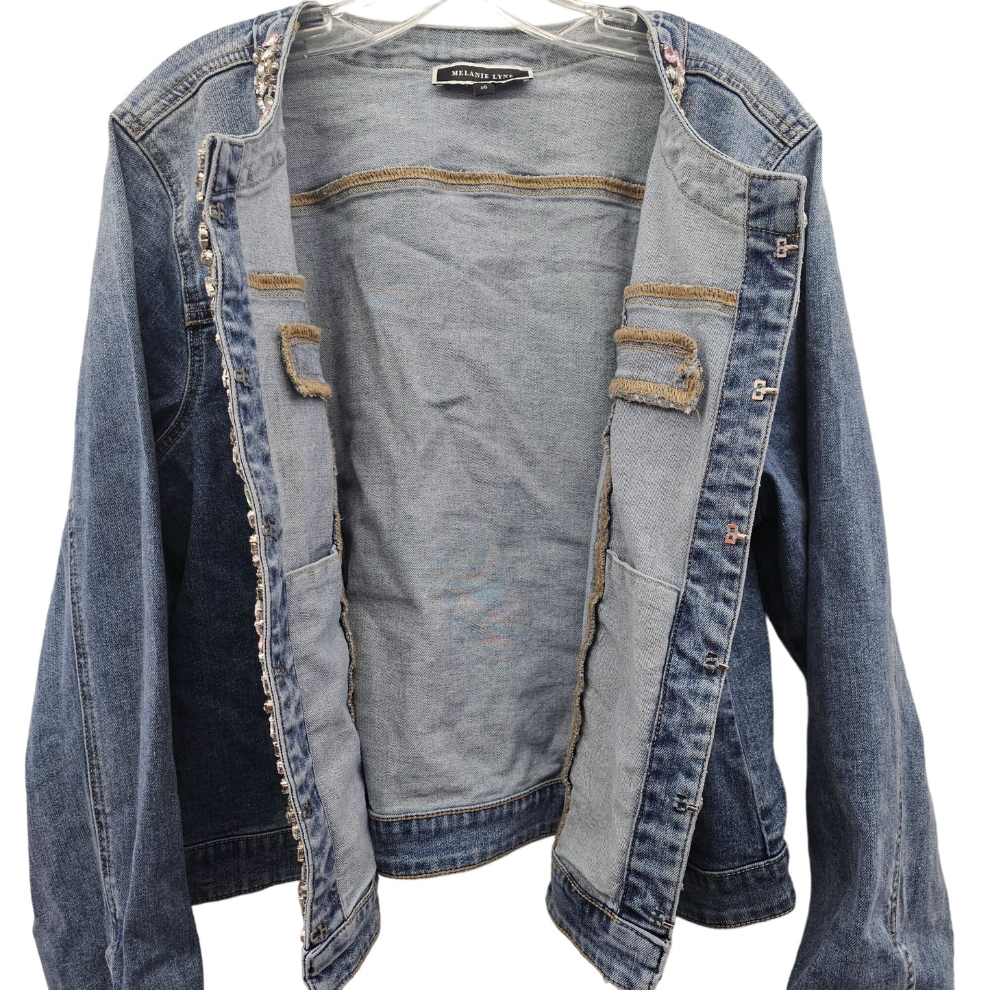 Melanie Lyne Embellished Denim Open Front Bejeweled Jacket