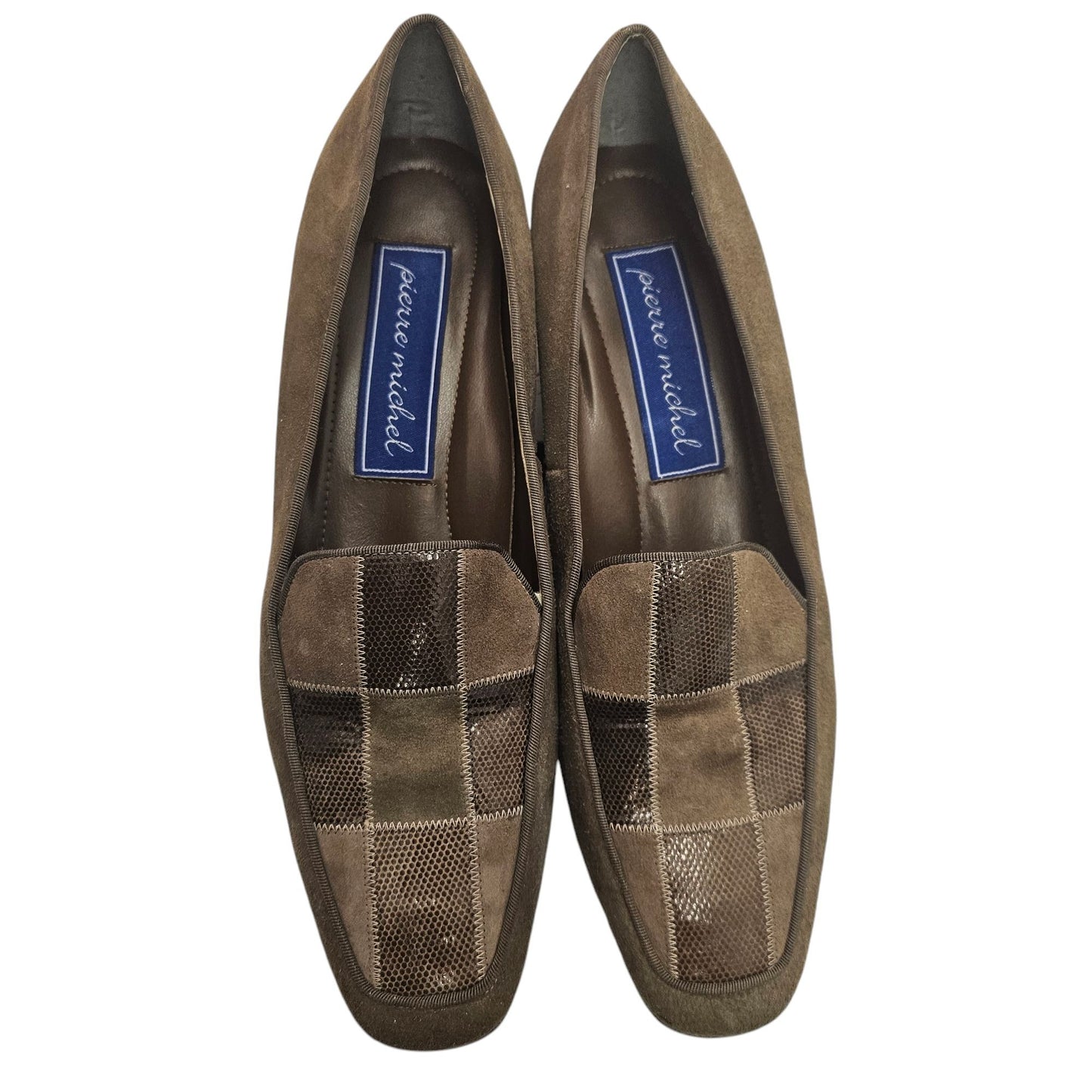 Vintage 1990s Pierre Michel Womens Brown Suede & Patent Leather low Block Heels Size 10B