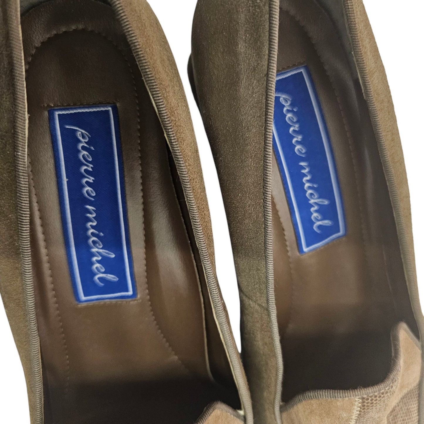 Vintage 1990s Pierre Michel Womens Brown Suede & Patent Leather low Block Heels Size 10B