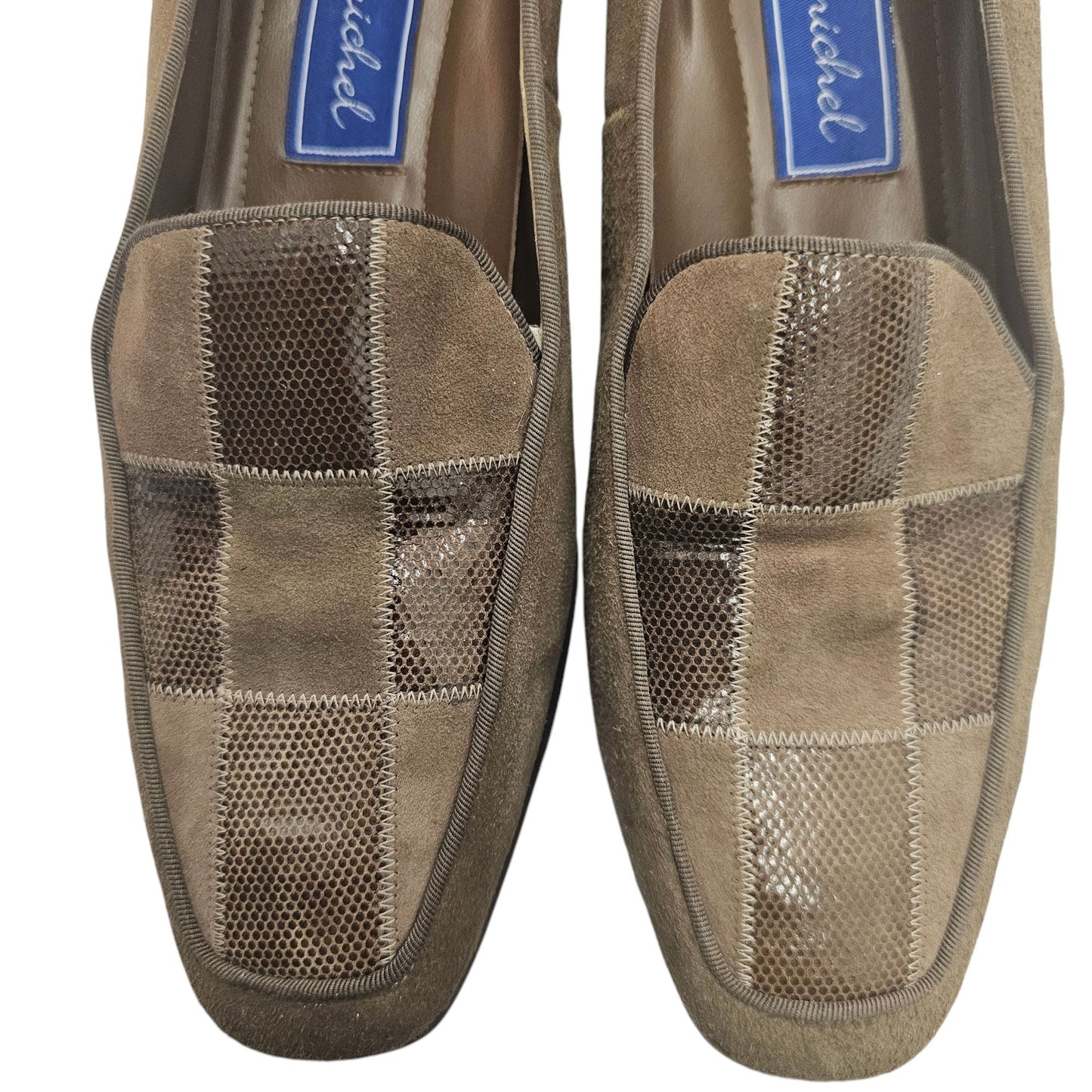 Vintage 1990s Pierre Michel Womens Brown Suede & Patent Leather low Block Heels Size 10B