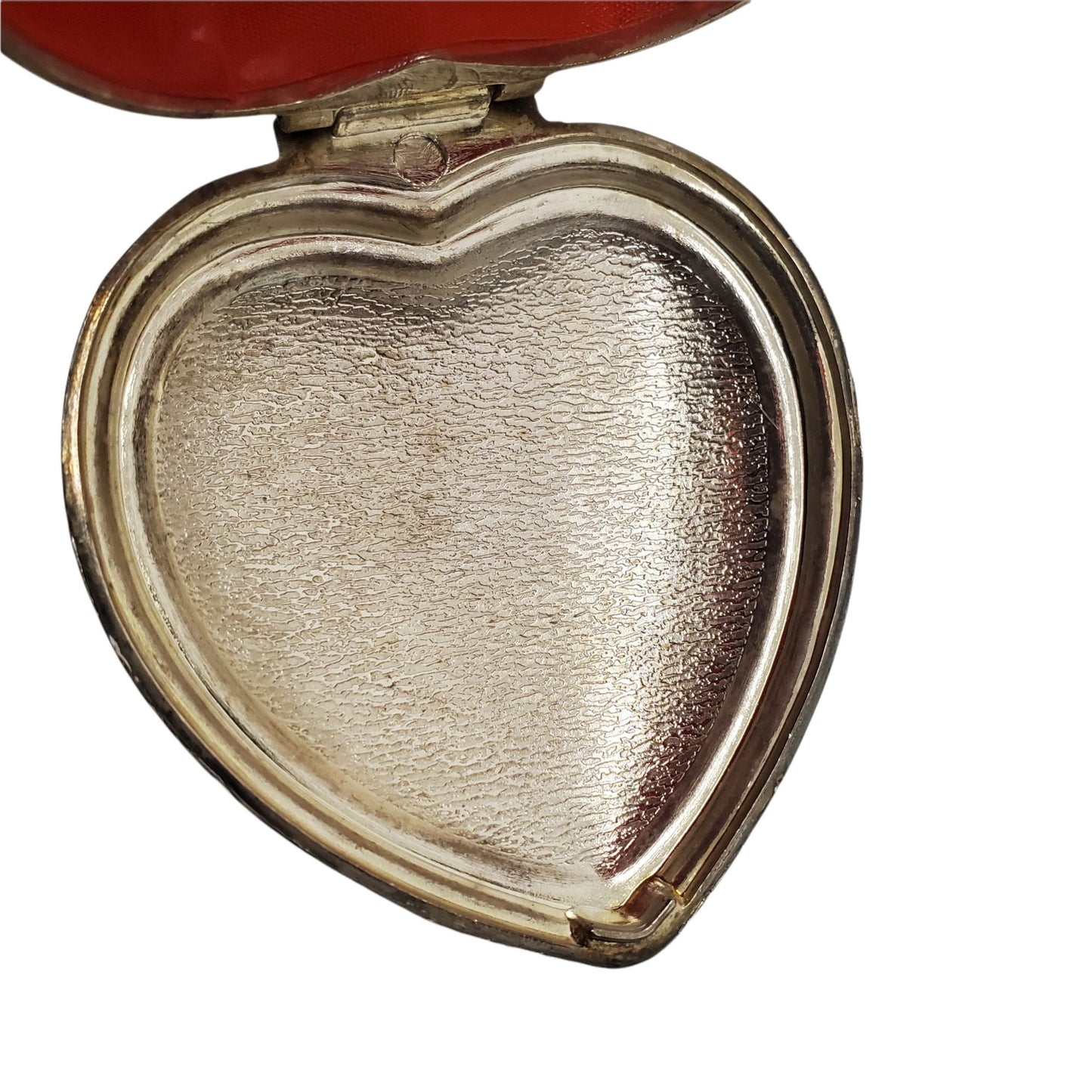Vintage Silverplate Heart Trinket Jewelry Box w Red Velvet Lining Gold Tone Bow