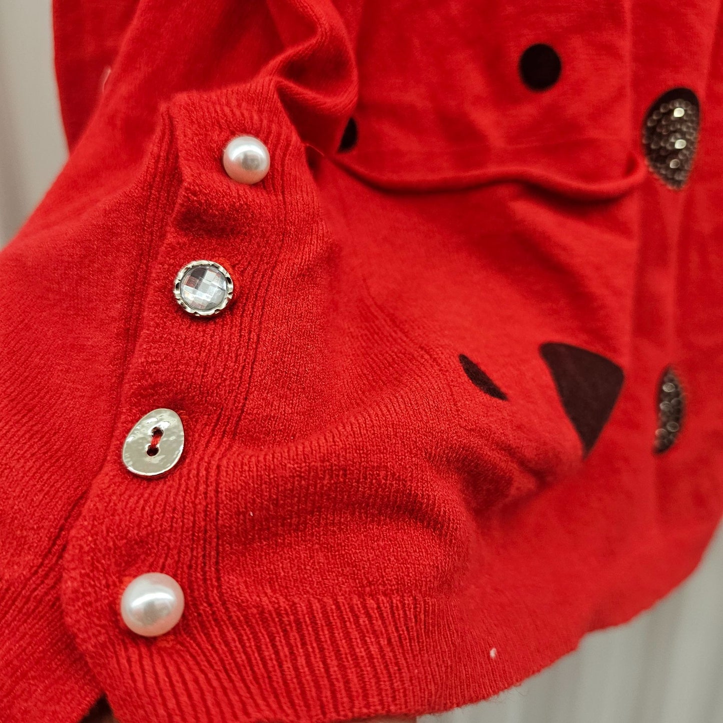 Gca Red Long-Sleeve Polka Dot Sweater With Pockets & Decorative Buttons