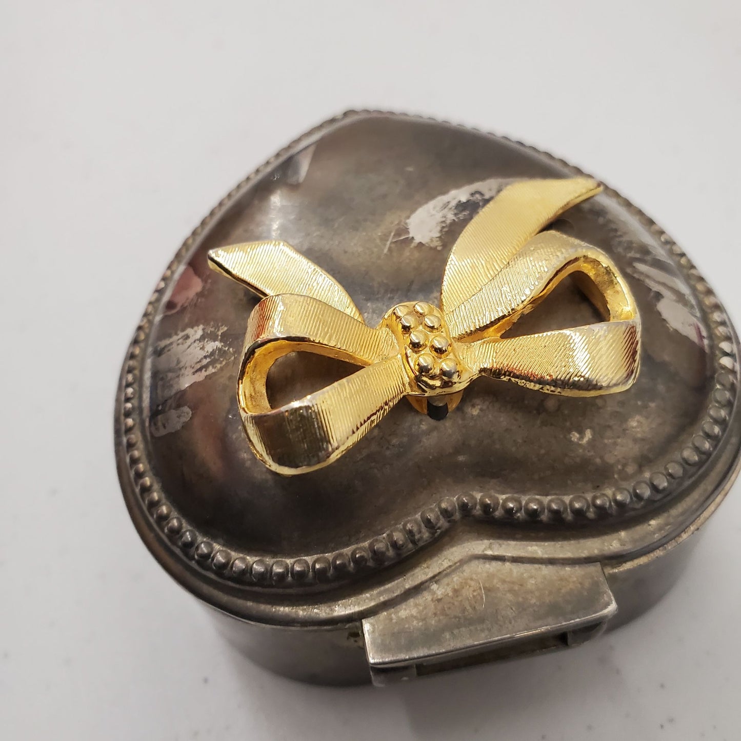 Vintage Silverplate Heart Trinket Jewelry Box w Red Velvet Lining Gold Tone Bow