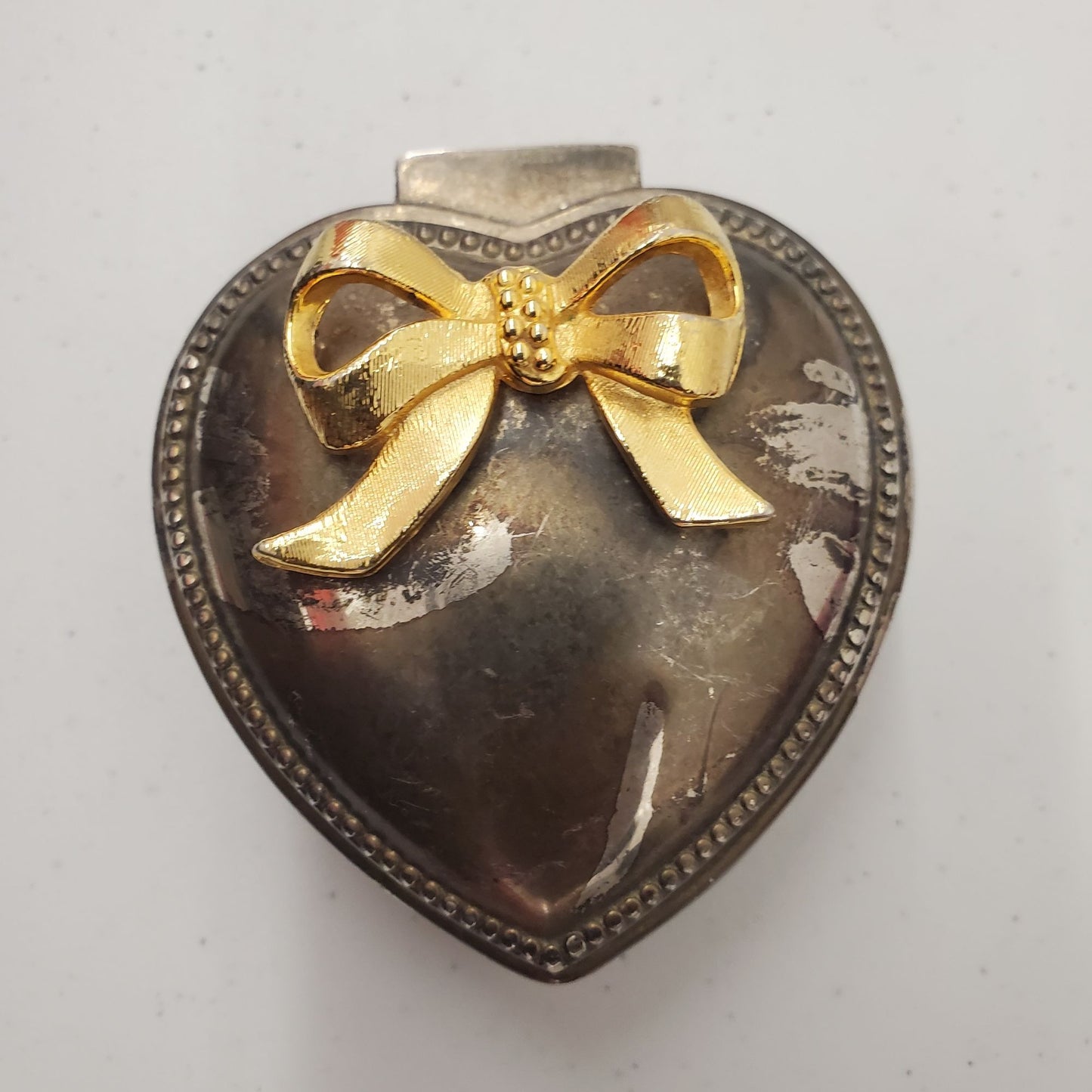 Vintage Silverplate Heart Trinket Jewelry Box w Red Velvet Lining Gold Tone Bow