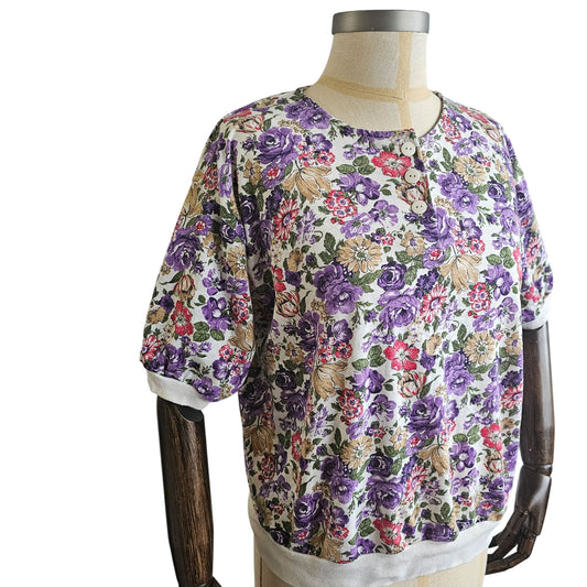 Cape Cod Sportswear Vintage 1980s Floral Print Womens Short Sleeves Top With Front Button Closure