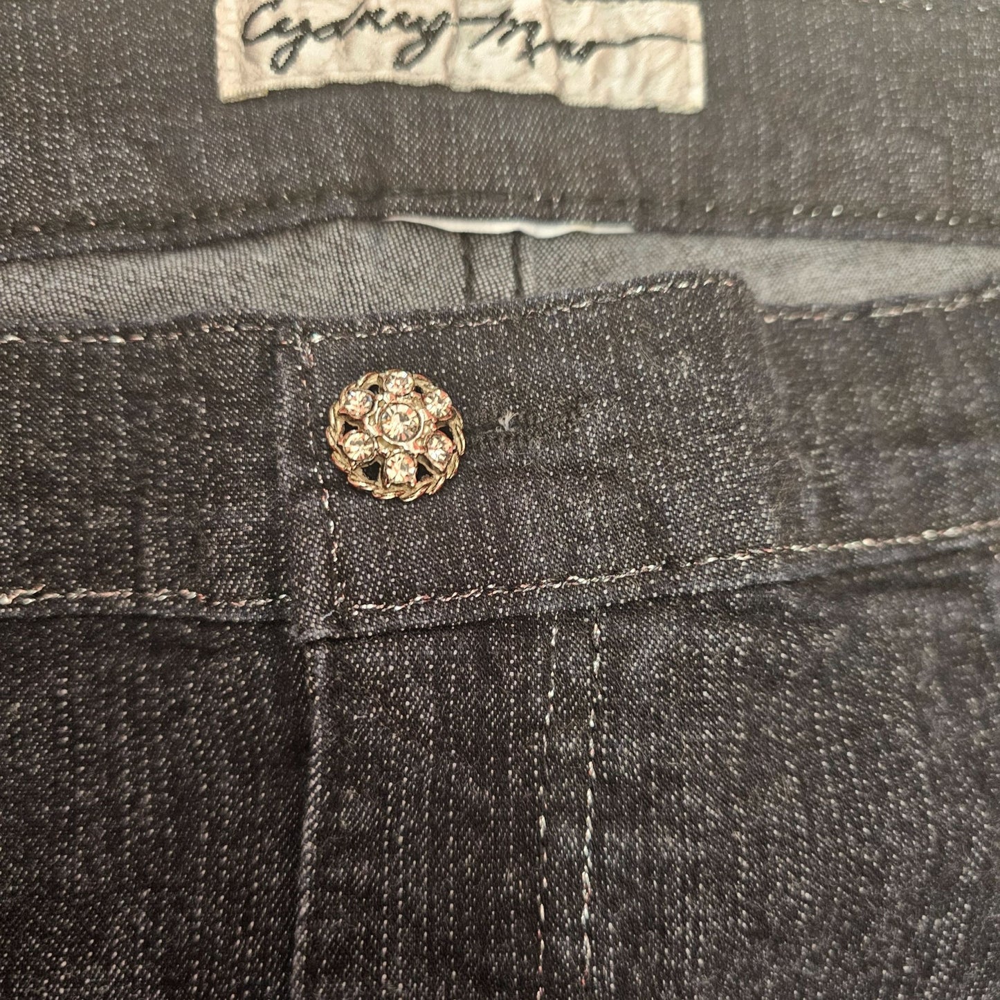 Vintage 1970s High-Waisted Dark wash Denim Jeans By Cybil & Marcy With Rhinestone Button Detail