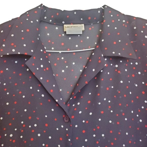 Vintage Laura Plus Mini Polka Dot Button Down V neckline Blouse