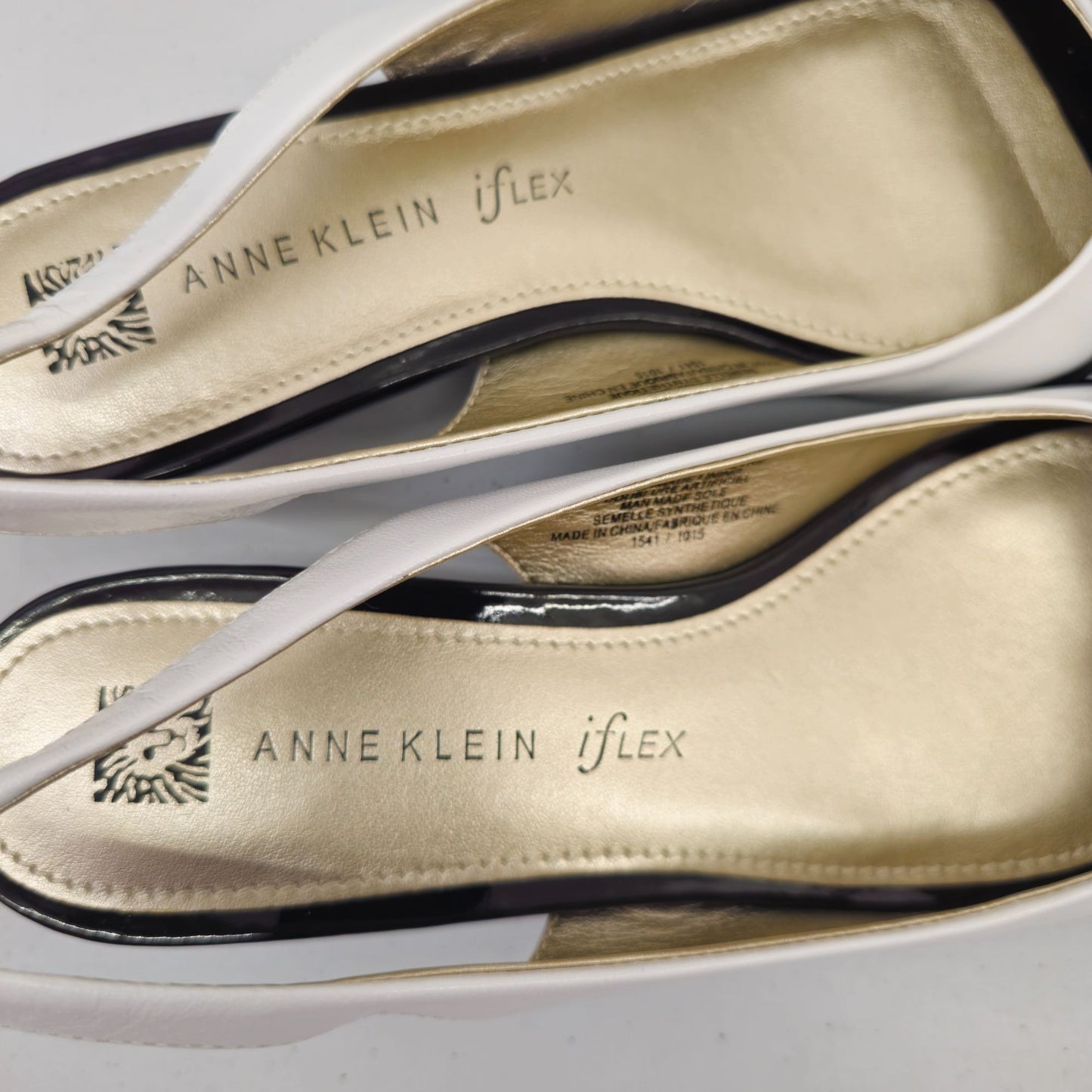 Anne Klein iFlex Aklusita 9M White & Black Leather Slingback Heels With Crystal Embellishments