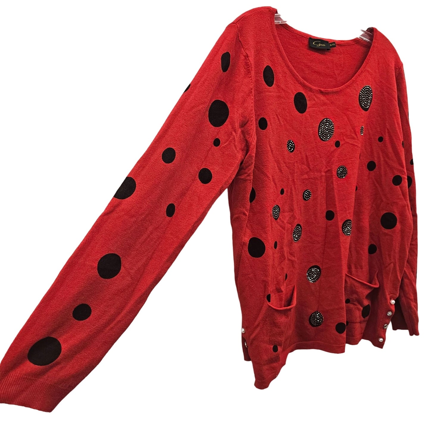 Gca Red Long-Sleeve Polka Dot Sweater With Pockets & Decorative Buttons