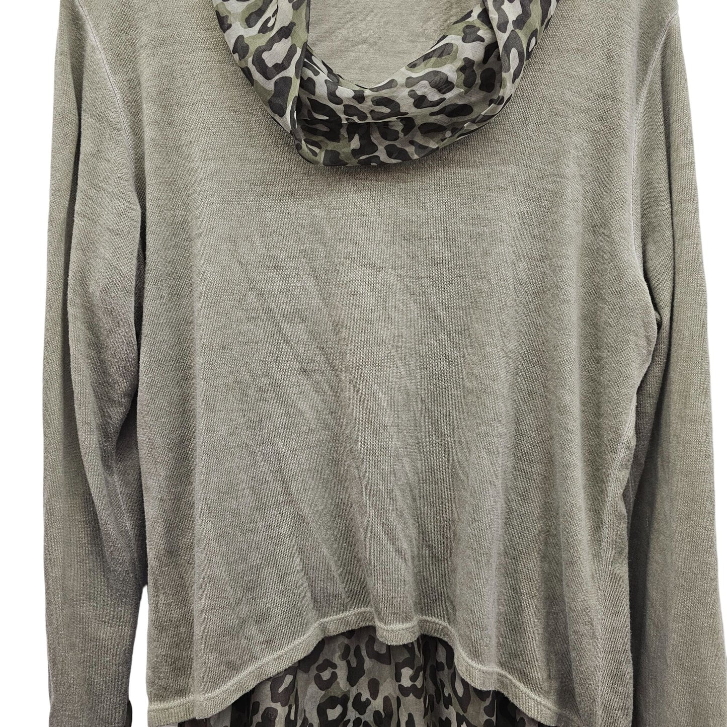 Elissia Women's XL Gray Knit Sweater With Leopard Print Chiffon Layers Made In Italy