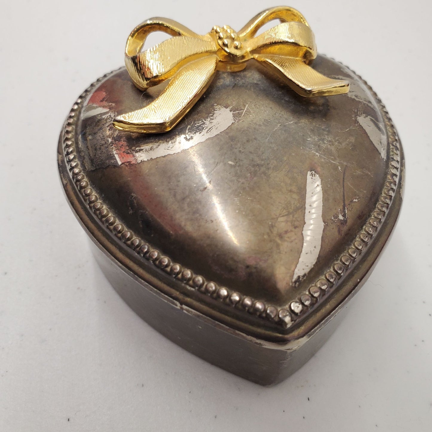 Vintage Silverplate Heart Trinket Jewelry Box w Red Velvet Lining Gold Tone Bow
