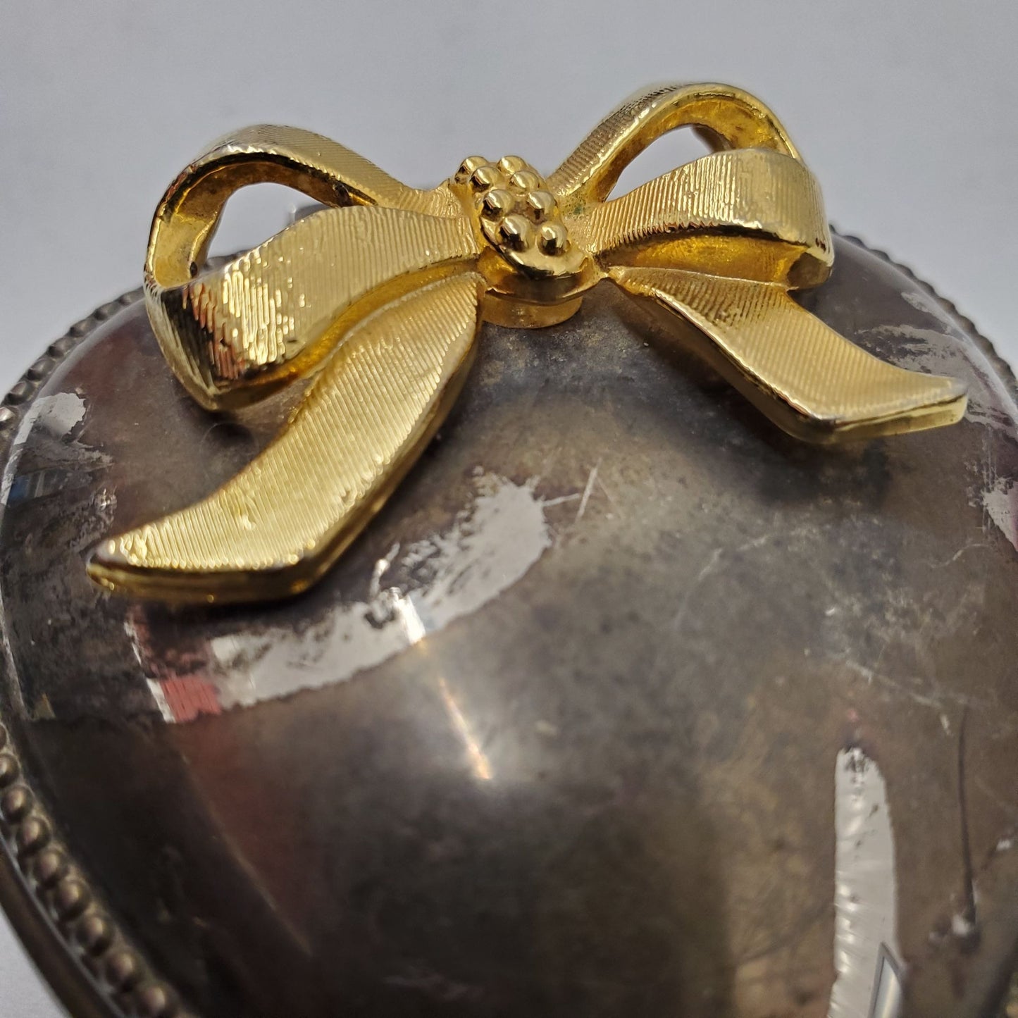 Vintage Silverplate Heart Trinket Jewelry Box w Red Velvet Lining Gold Tone Bow