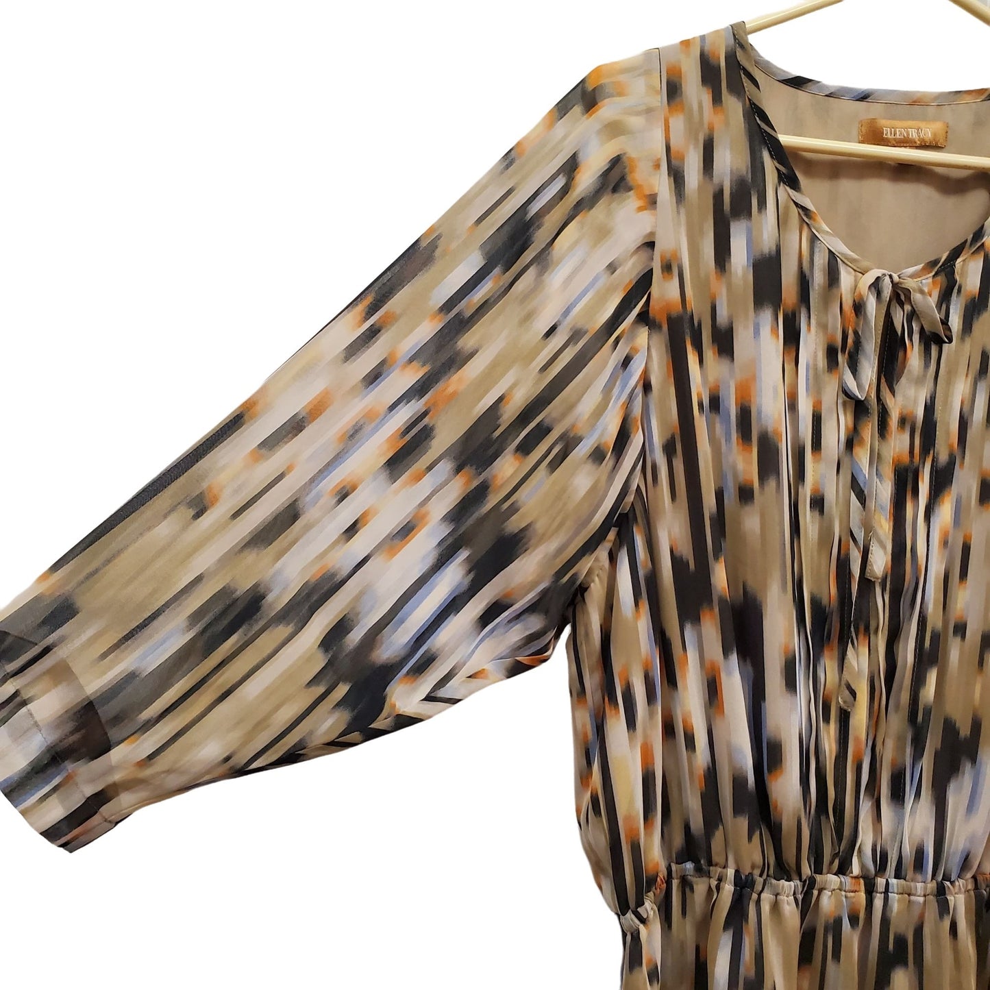 Ellen Tracy Pattern Tie Front Gather Waist Blouse