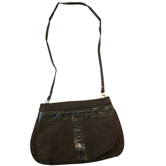 Vintage Brown Suede Shoulder Bag With Metallic Snake Skin Accent Strap & Detailing
