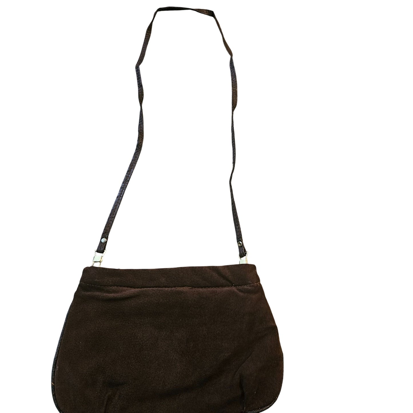 Vintage Brown Suede Shoulder Bag With Metallic Snake Skin Accent Strap & Detailing