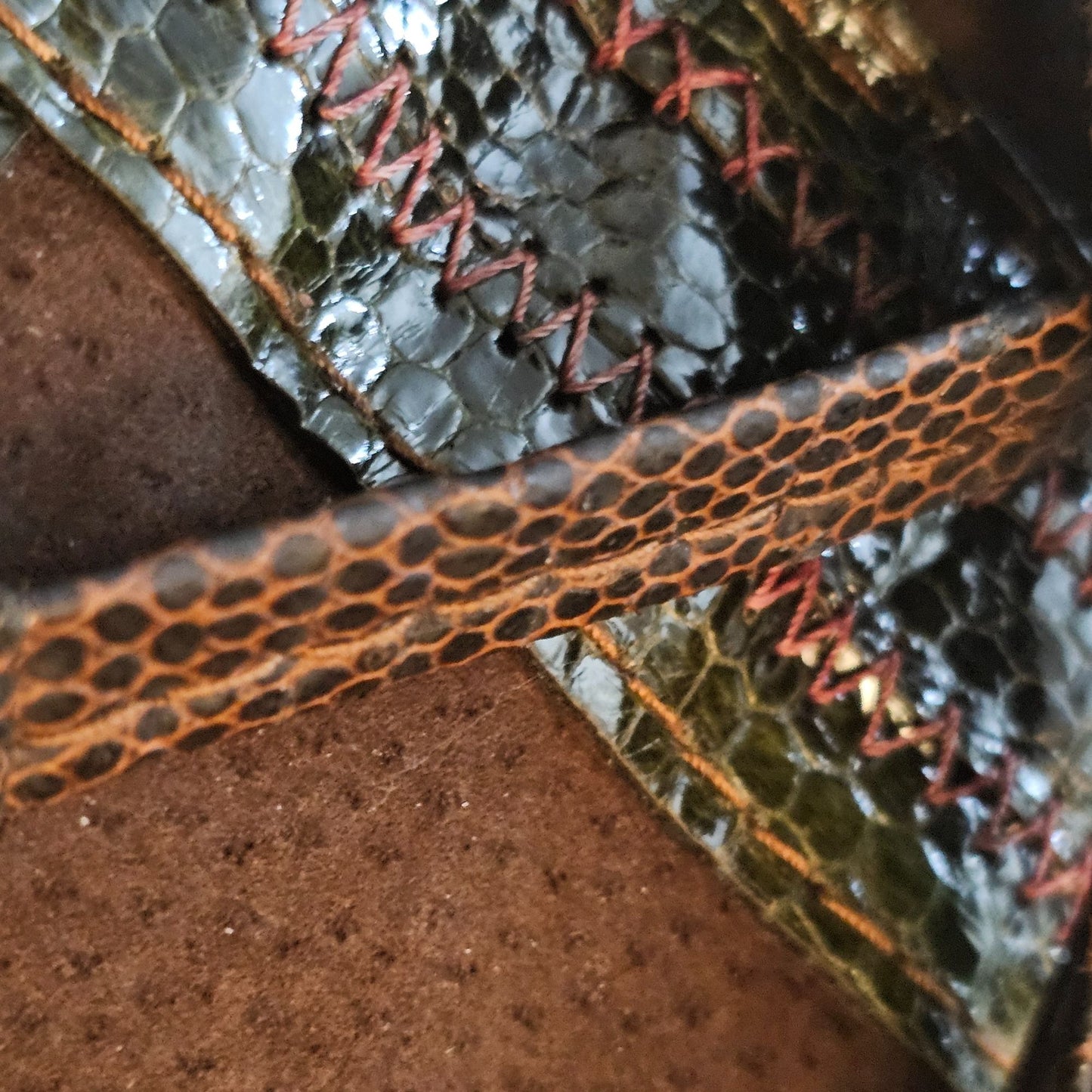 Vintage Brown Suede Shoulder Bag With Metallic Snake Skin Accent Strap & Detailing