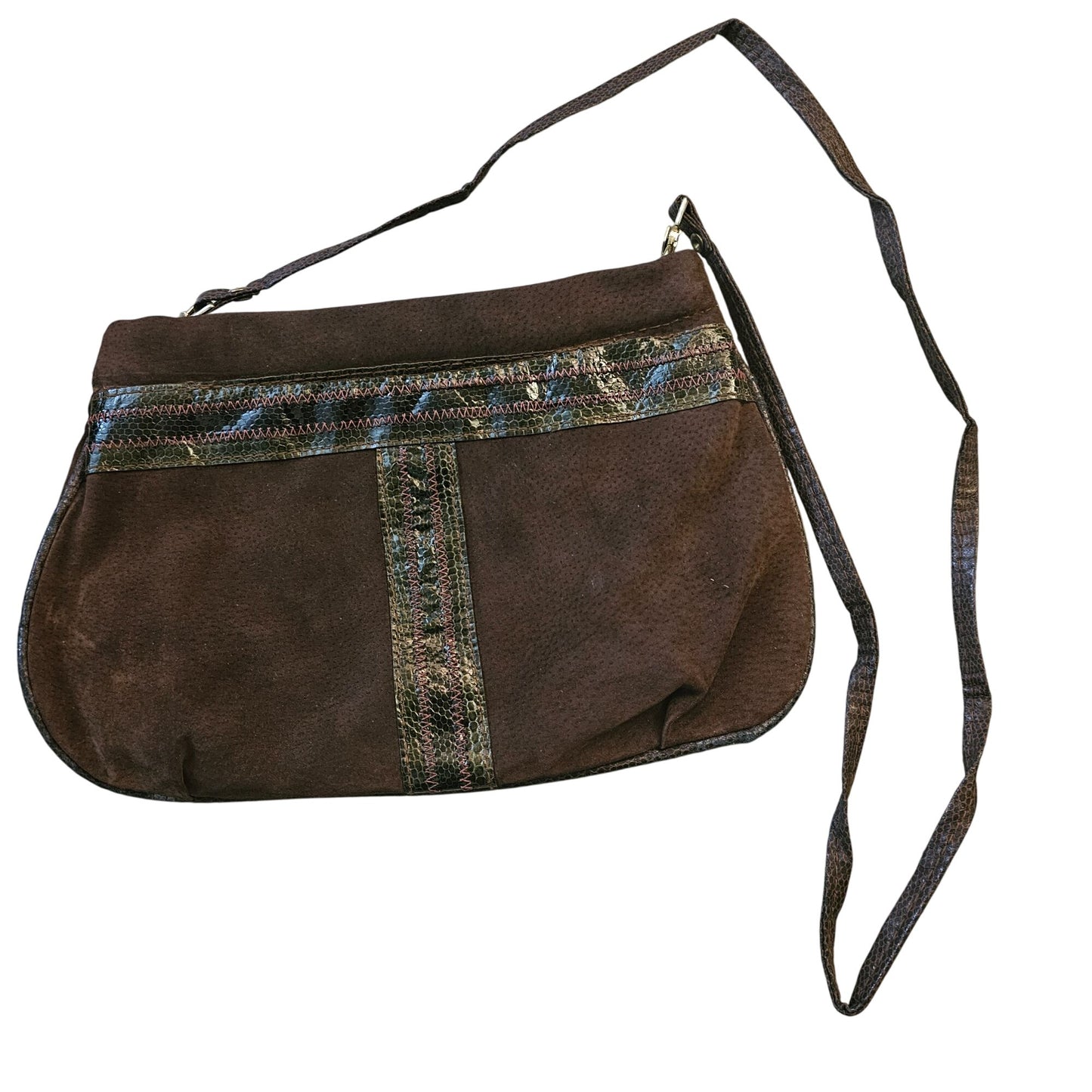 Vintage Brown Suede Shoulder Bag With Metallic Snake Skin Accent Strap & Detailing