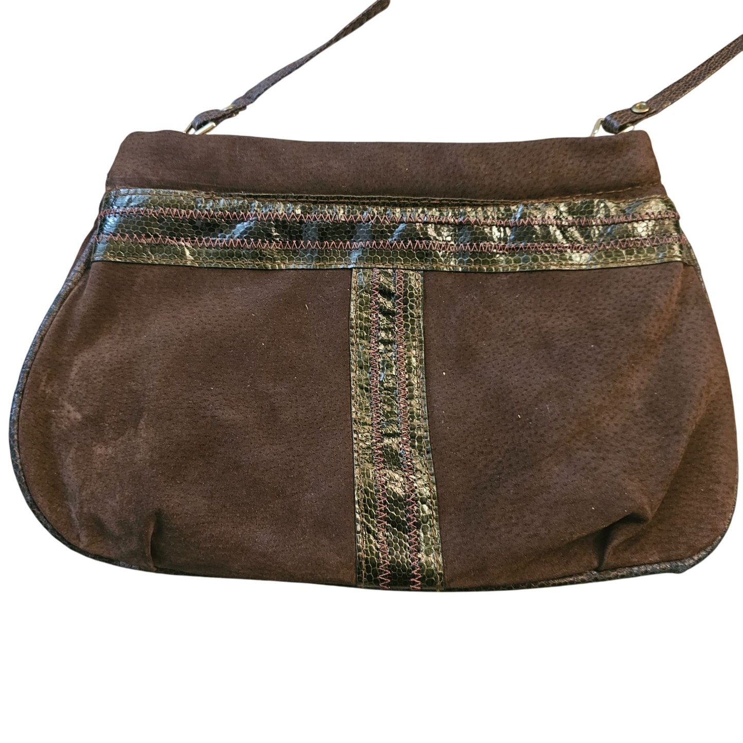 Vintage Brown Suede Shoulder Bag With Metallic Snake Skin Accent Strap & Detailing