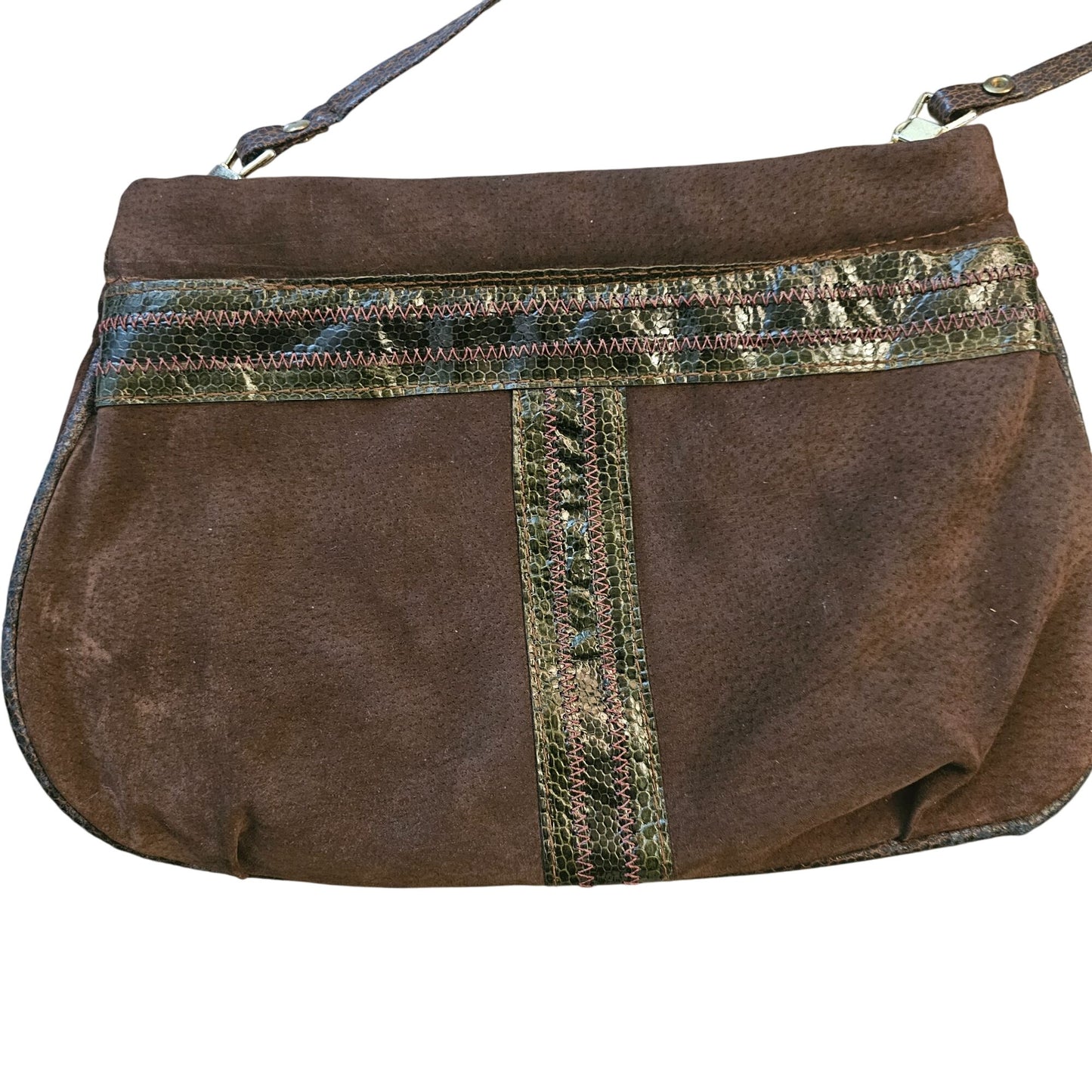 Vintage Brown Suede Shoulder Bag With Metallic Snake Skin Accent Strap & Detailing