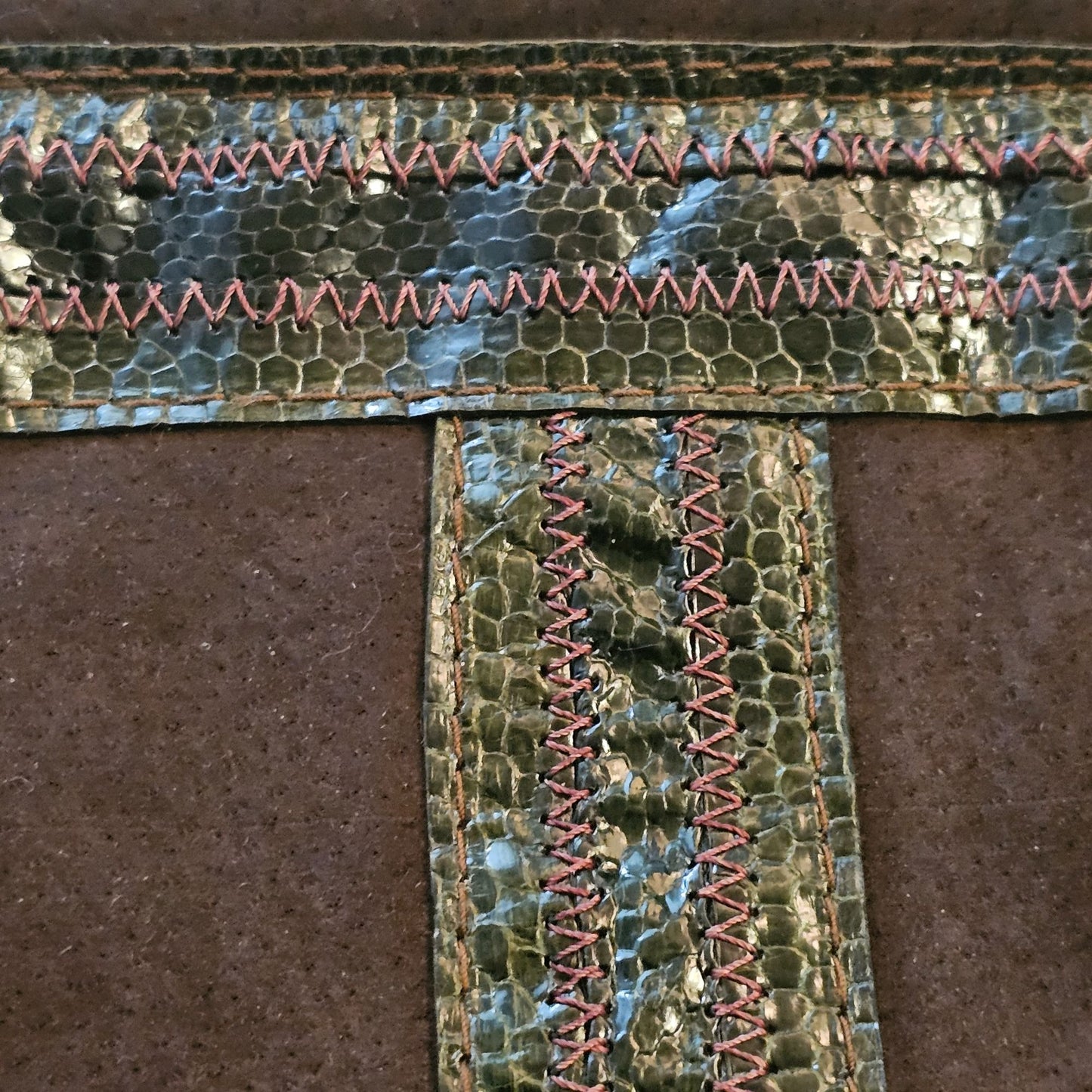 Vintage Brown Suede Shoulder Bag With Metallic Snake Skin Accent Strap & Detailing
