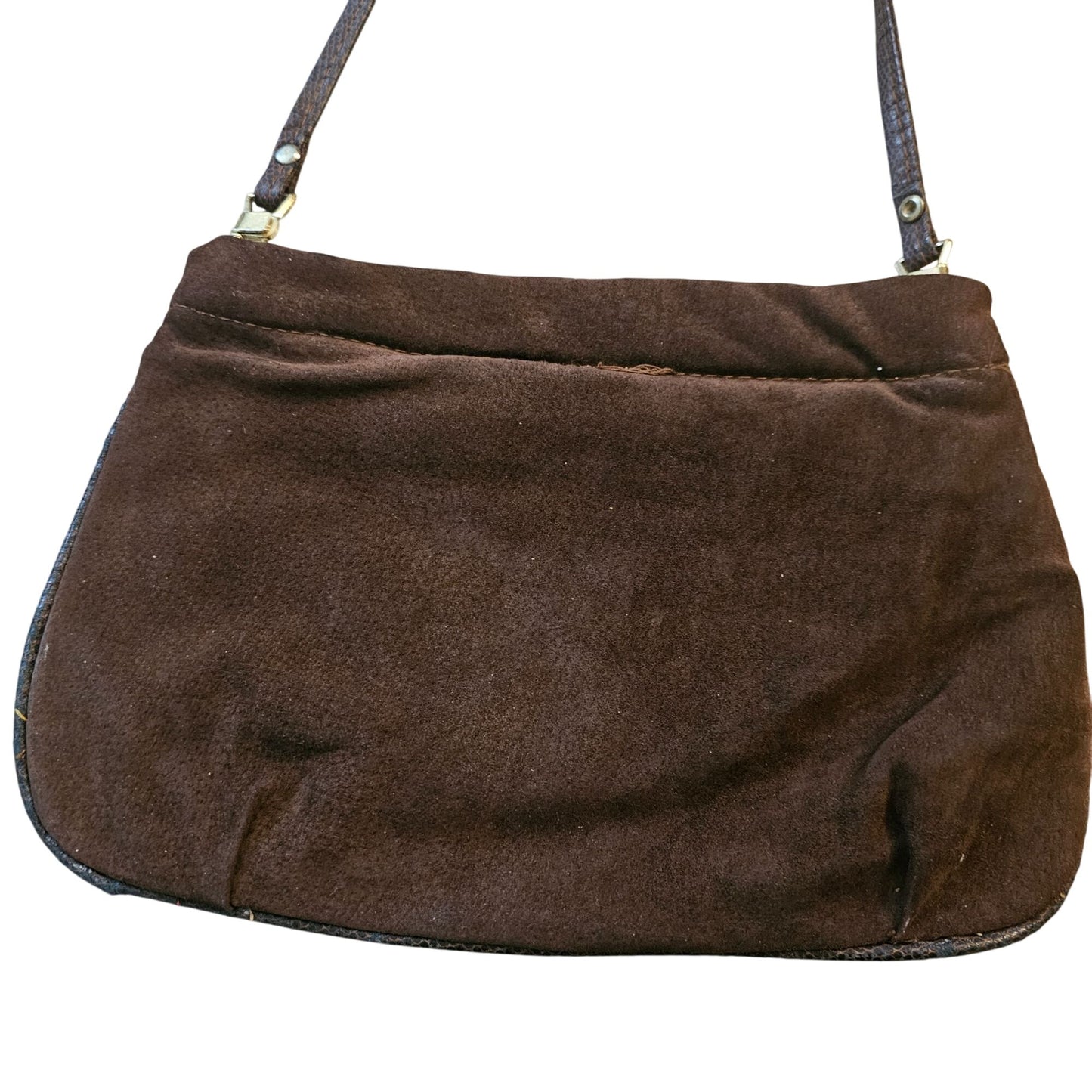 Vintage Brown Suede Shoulder Bag With Metallic Snake Skin Accent Strap & Detailing