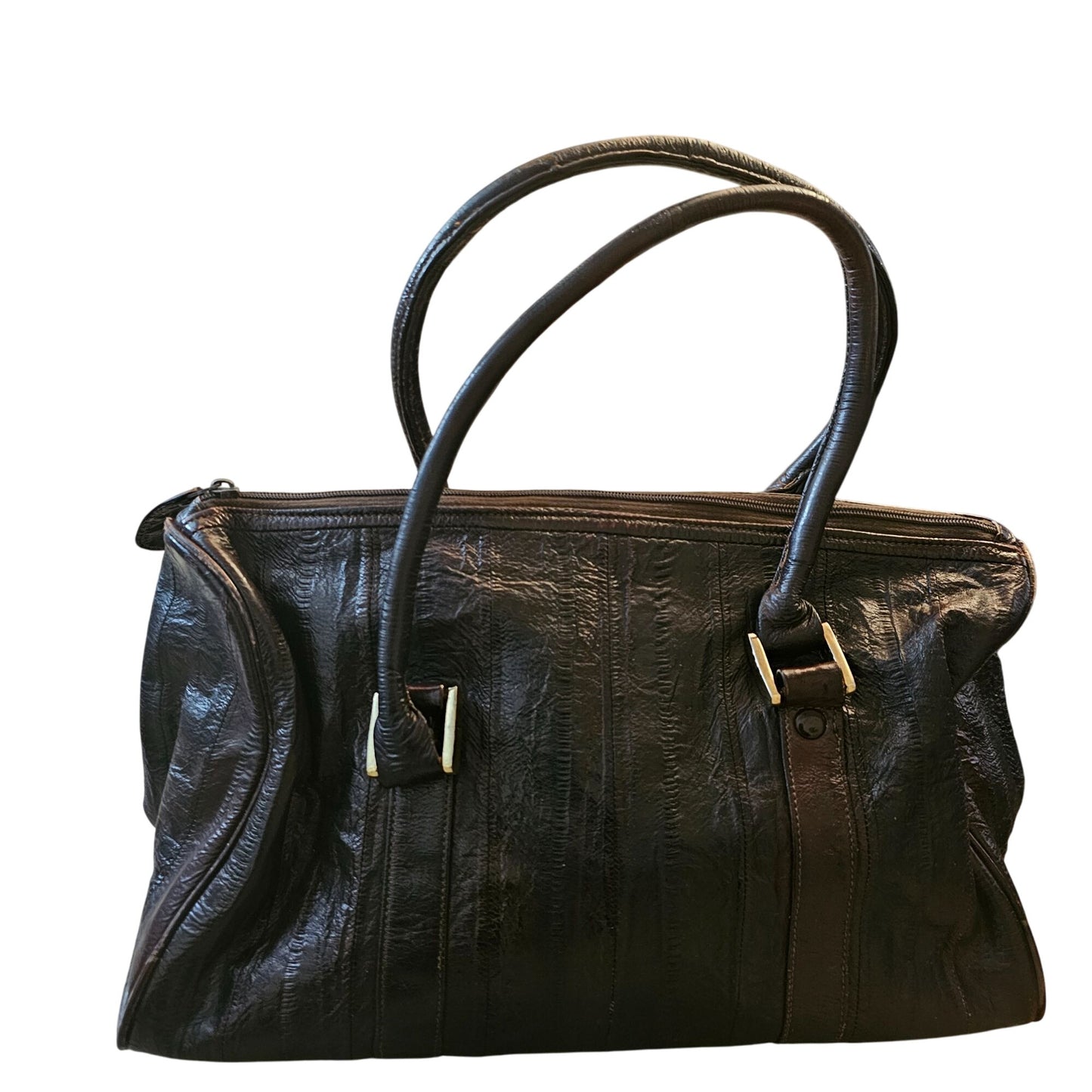 Vintage Eel Skin Genuine Leather Brown Handbag With Double Handles & Zip Closure