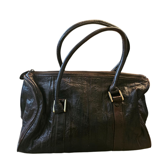 Vintage Eel Skin Genuine Leather Brown Handbag With Double Handles & Zip Closure