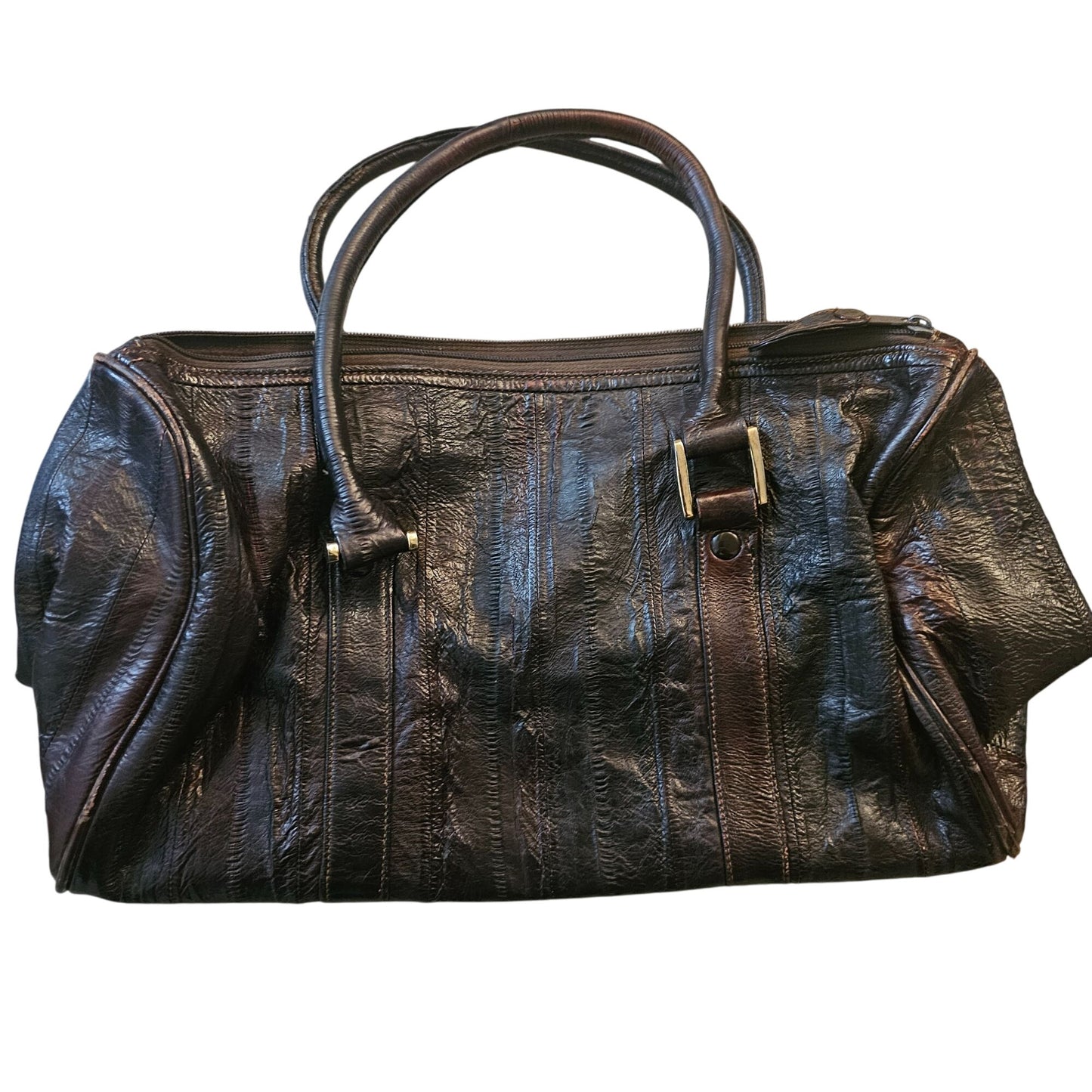 Vintage Eel Skin Genuine Leather Brown Handbag With Double Handles & Zip Closure
