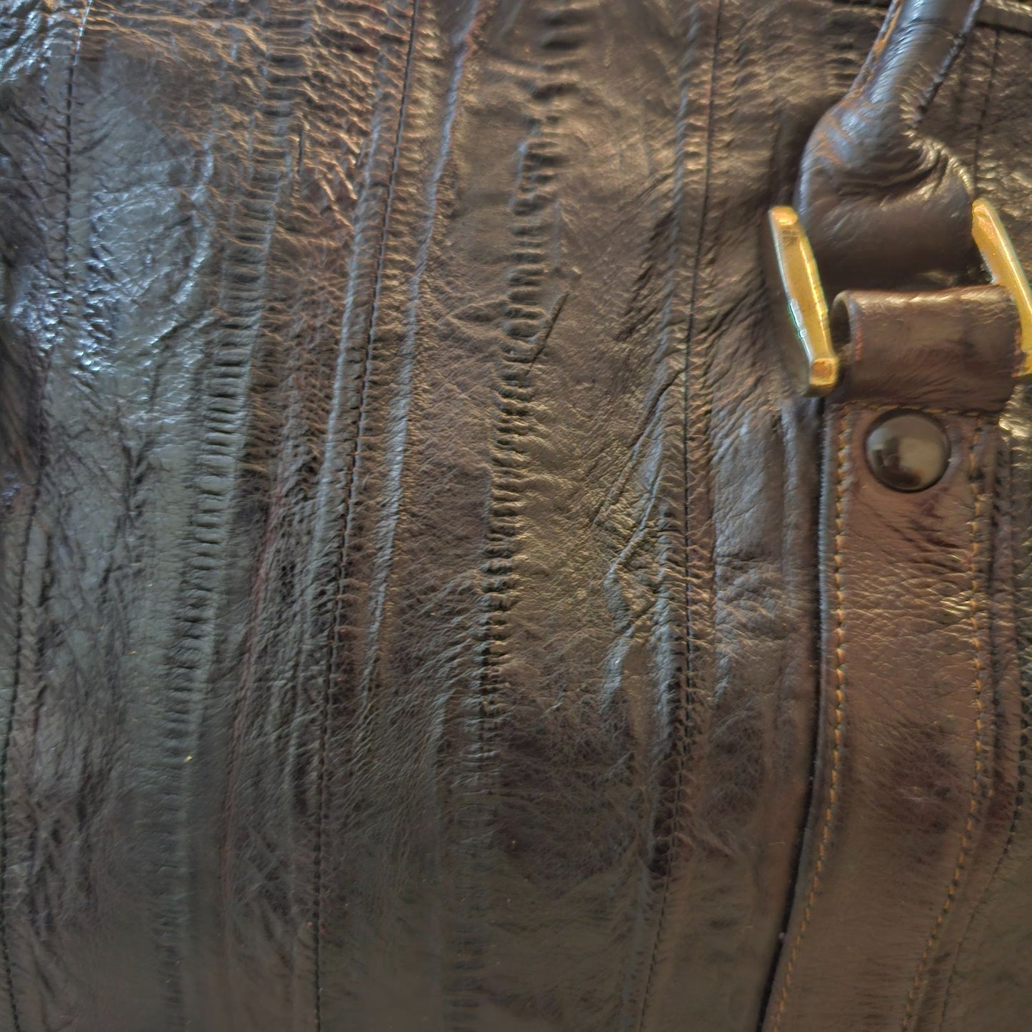 Vintage Eel Skin Genuine Leather Brown Handbag With Double Handles & Zip Closure