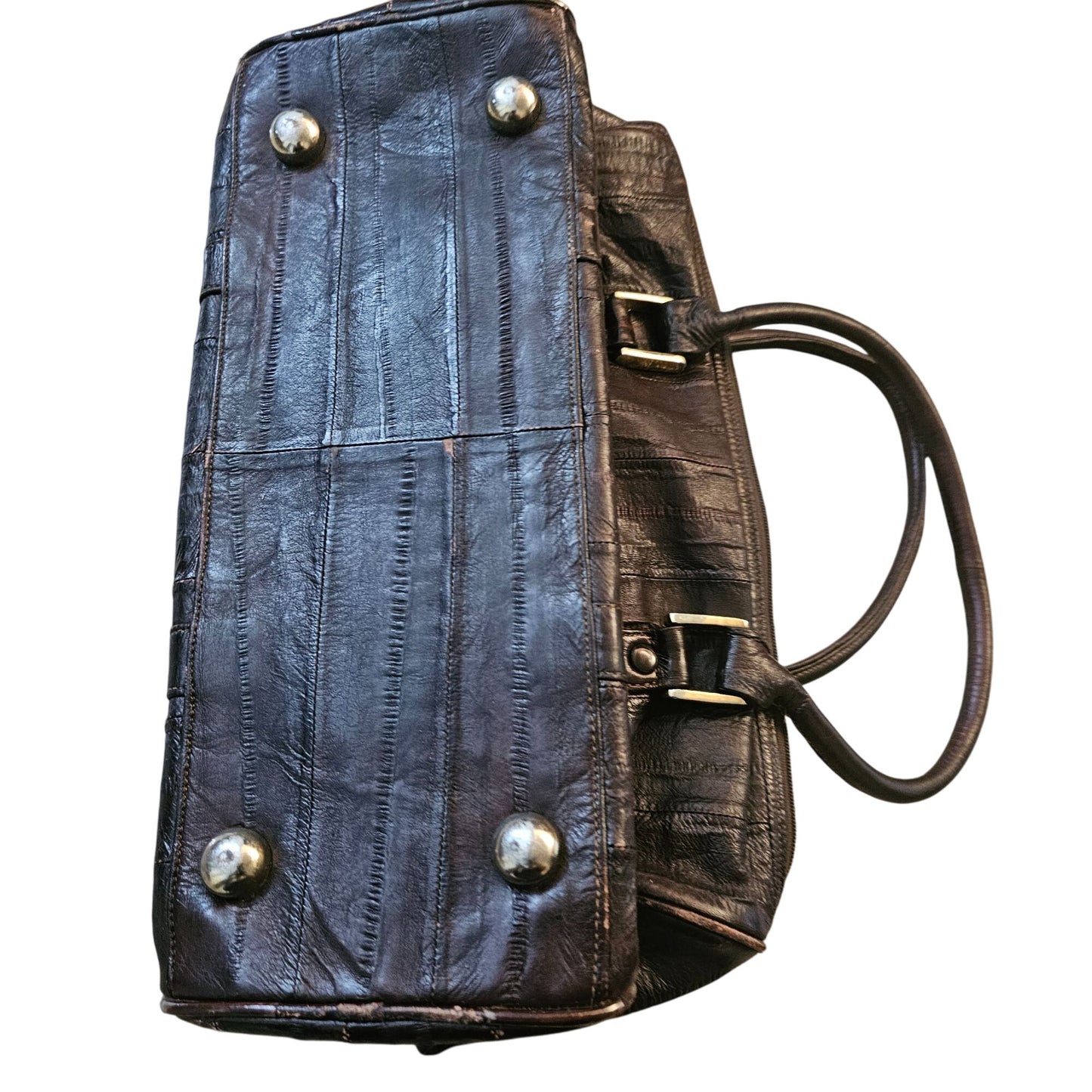 Vintage Eel Skin Genuine Leather Brown Handbag With Double Handles & Zip Closure