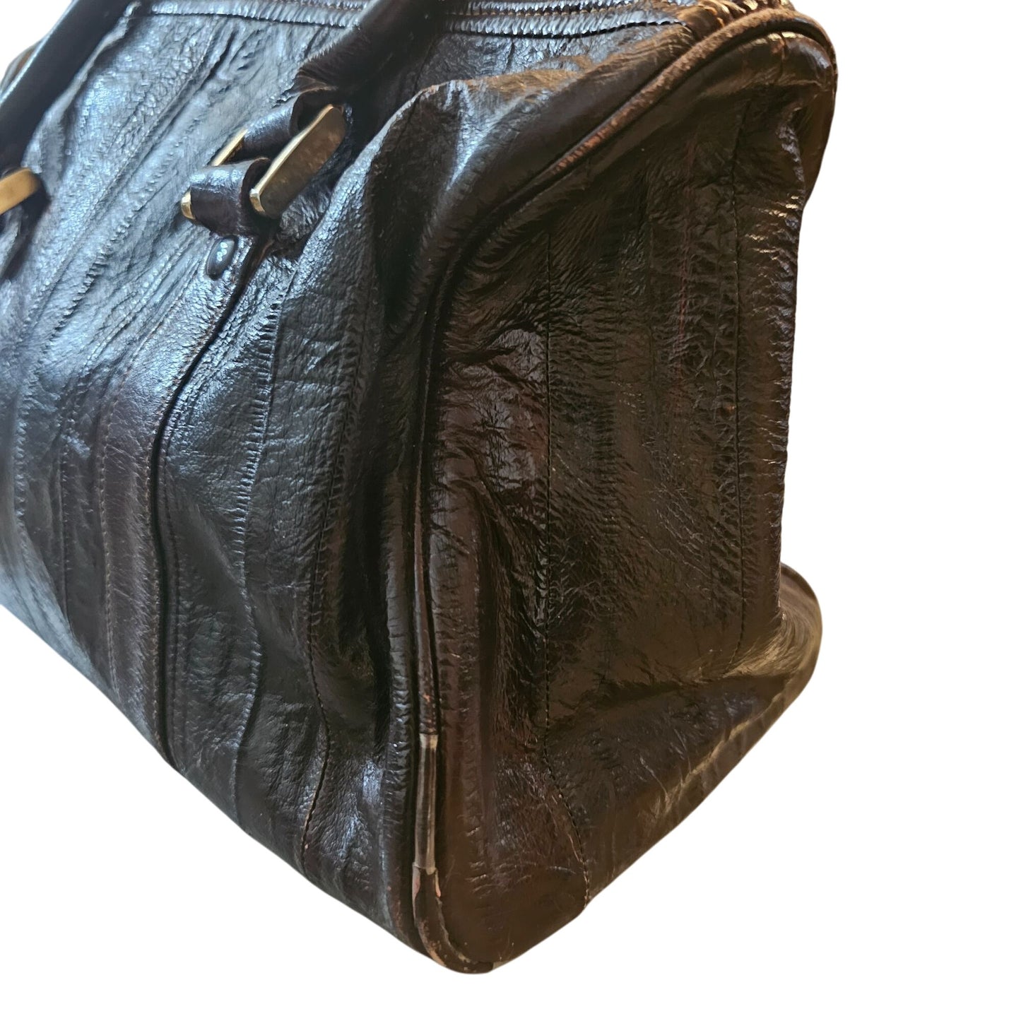 Vintage Eel Skin Genuine Leather Brown Handbag With Double Handles & Zip Closure