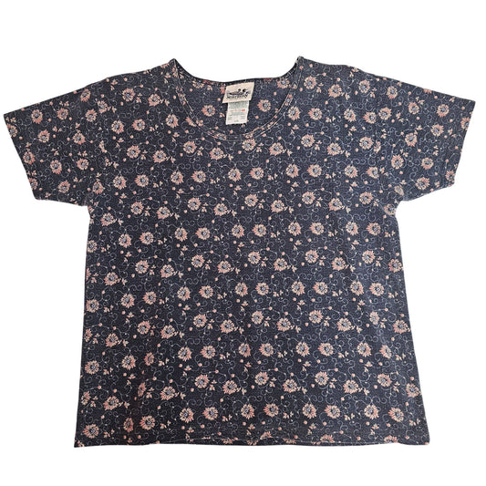 Vintage Northern Reflections Womens Navy Floral Print Top | Size L | 100% Cotton | Made In Canada