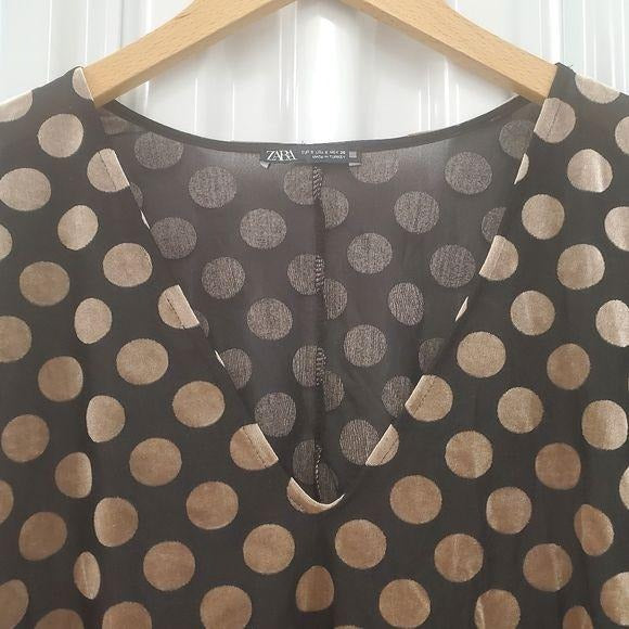 Zara Polka Dot Velvet Vneck  Long Sleeve Blouse