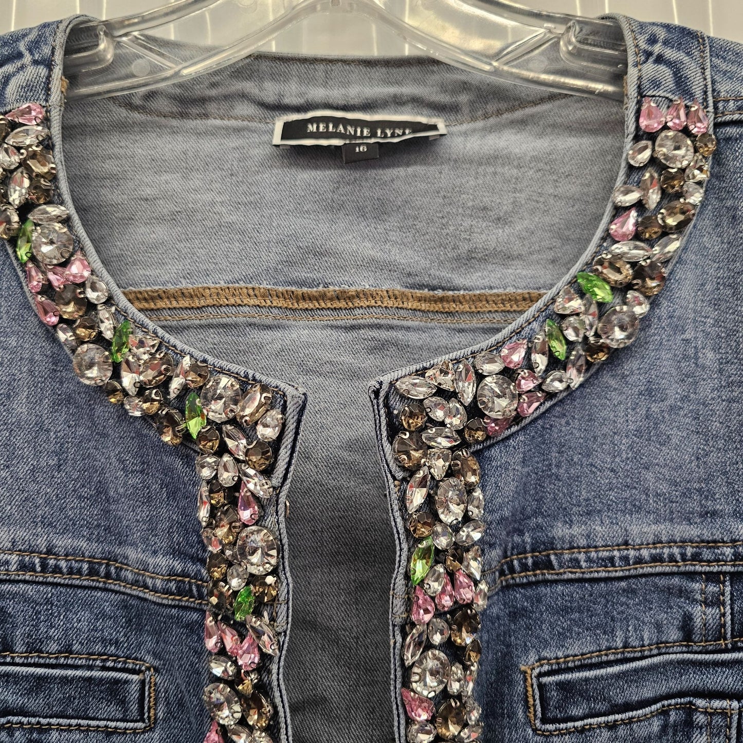 Melanie Lyne Embellished Denim Open Front Bejeweled  Jacket