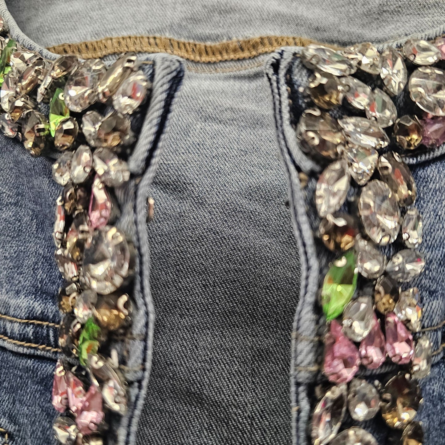 Melanie Lyne Embellished Denim Open Front Bejeweled  Jacket