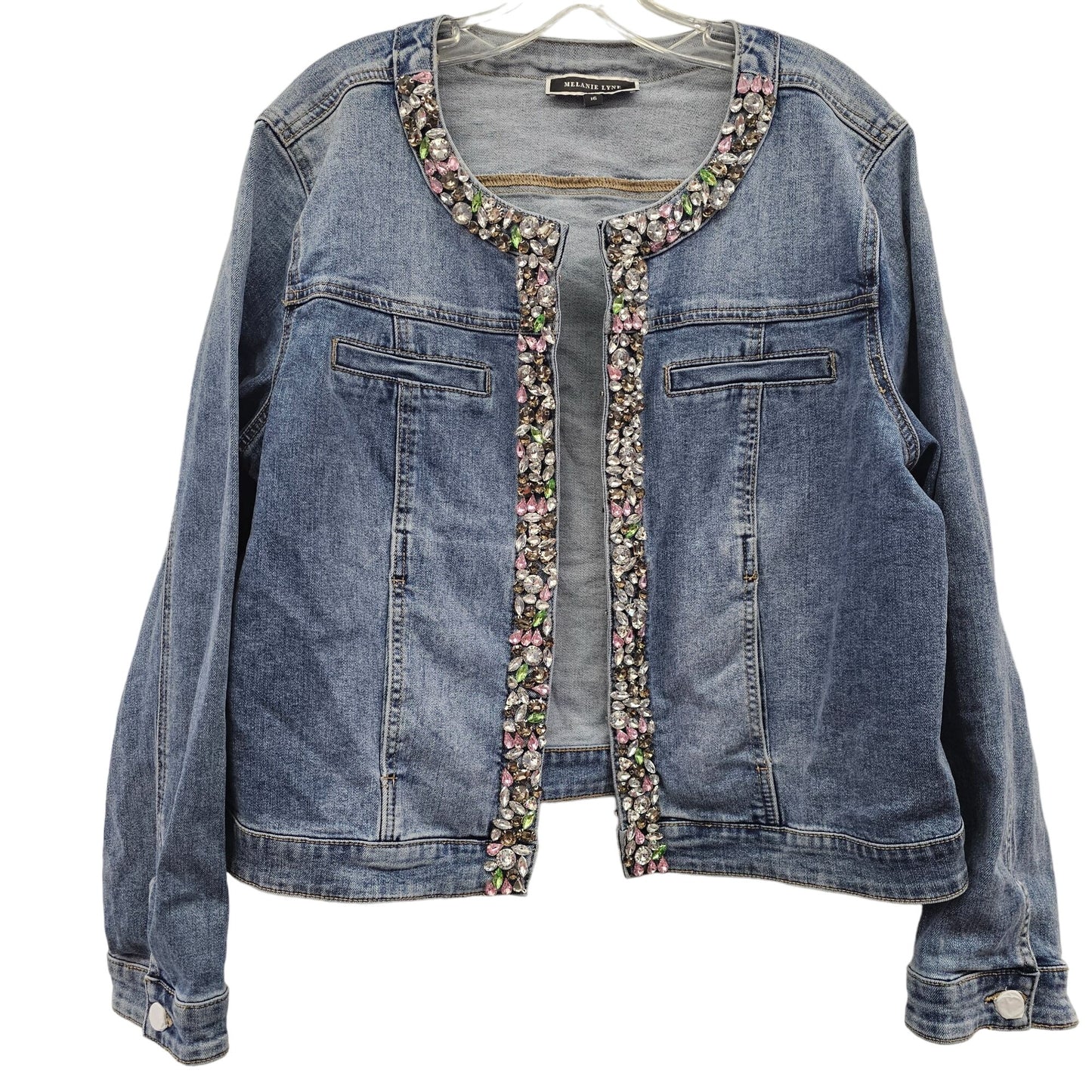 Melanie Lyne Embellished Denim Open Front Bejeweled  Jacket