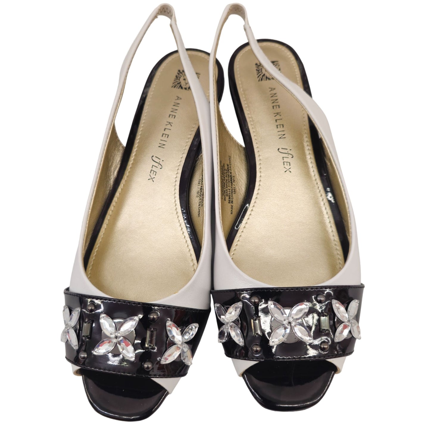 Anne Klein iFlex Aklusita 9M White & Black Leather Slingback Heels With Crystal Embellishments