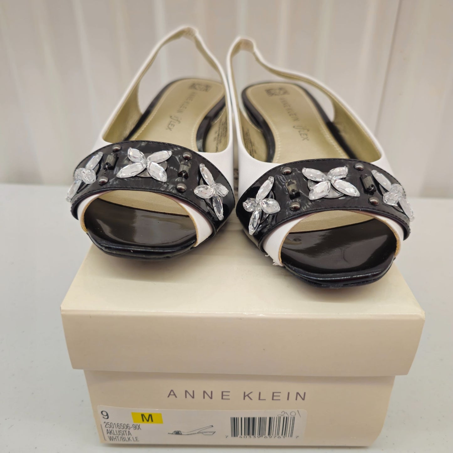 Anne Klein iFlex Aklusita 9M White & Black Leather Slingback Heels With Crystal Embellishments