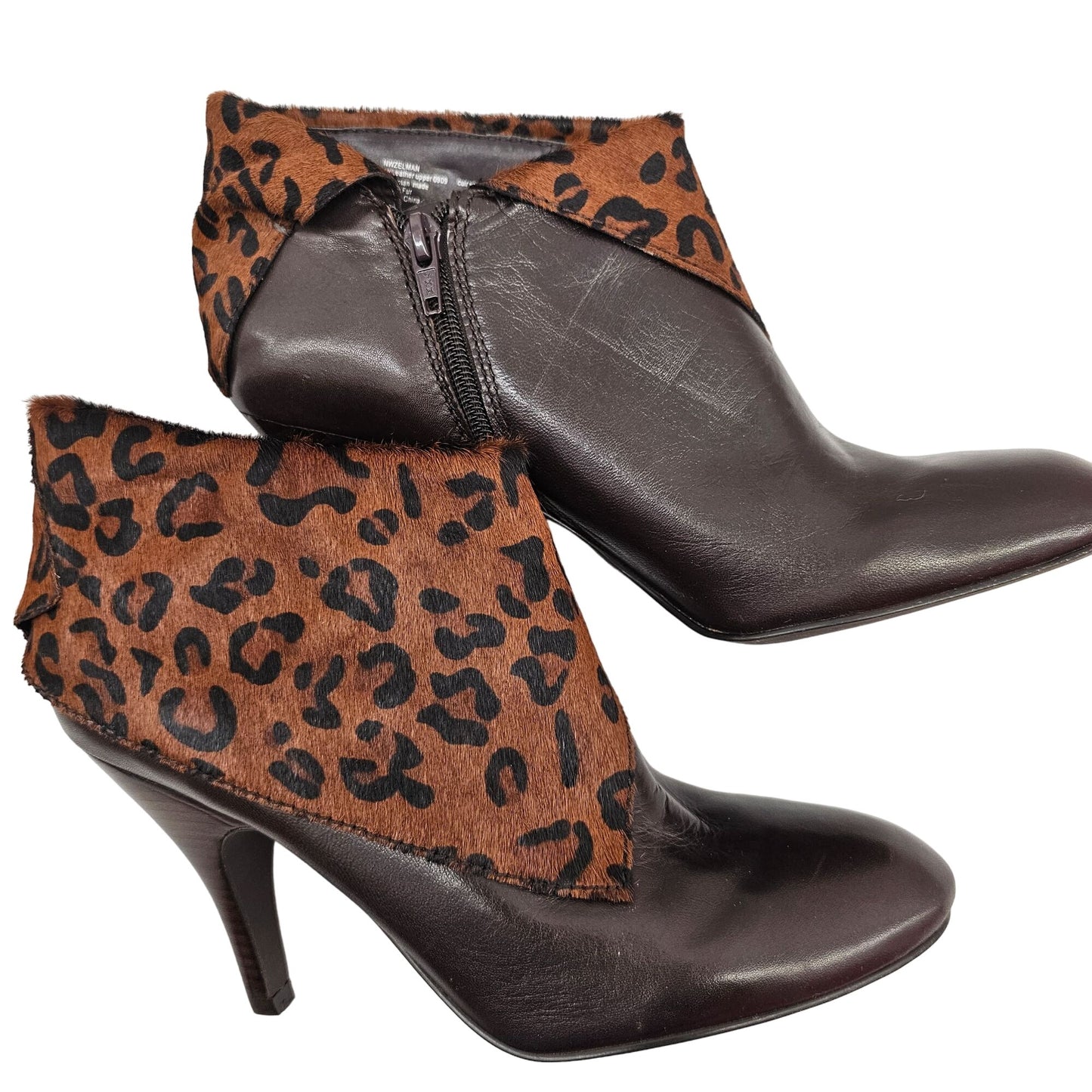 Nine West Women's Nwzelman Brown Leather, Fur & Leopard Print Ankle Boots Size 10M