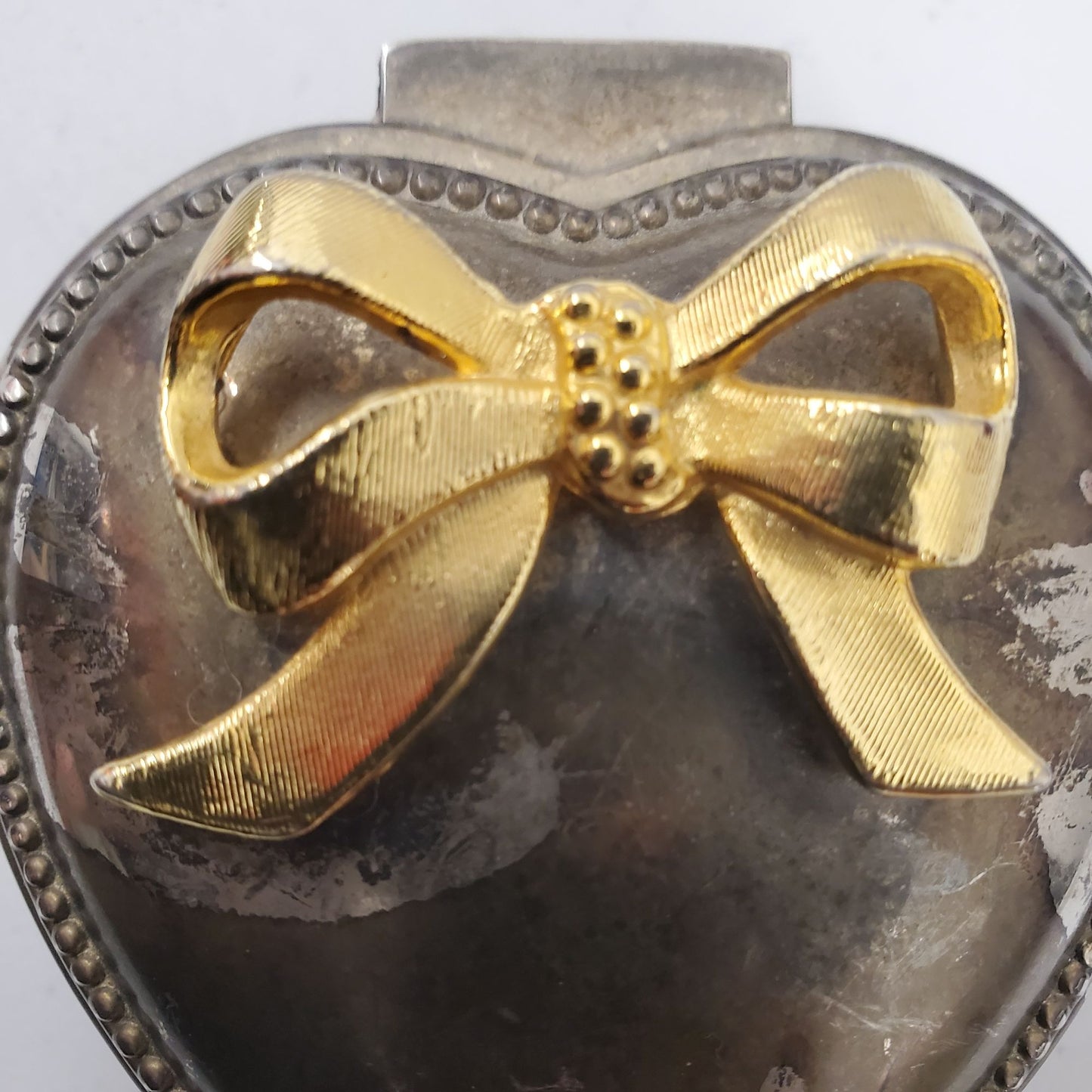 Vintage Silverplate Heart Trinket Jewelry Box w Red Velvet Lining Gold Tone Bow