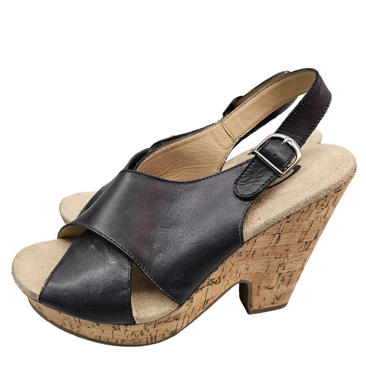 Denver Hayes Quad Comfort Women's Black Leather Cork Wedge Sandals With Adjustable Buckle Strap & Open Toe