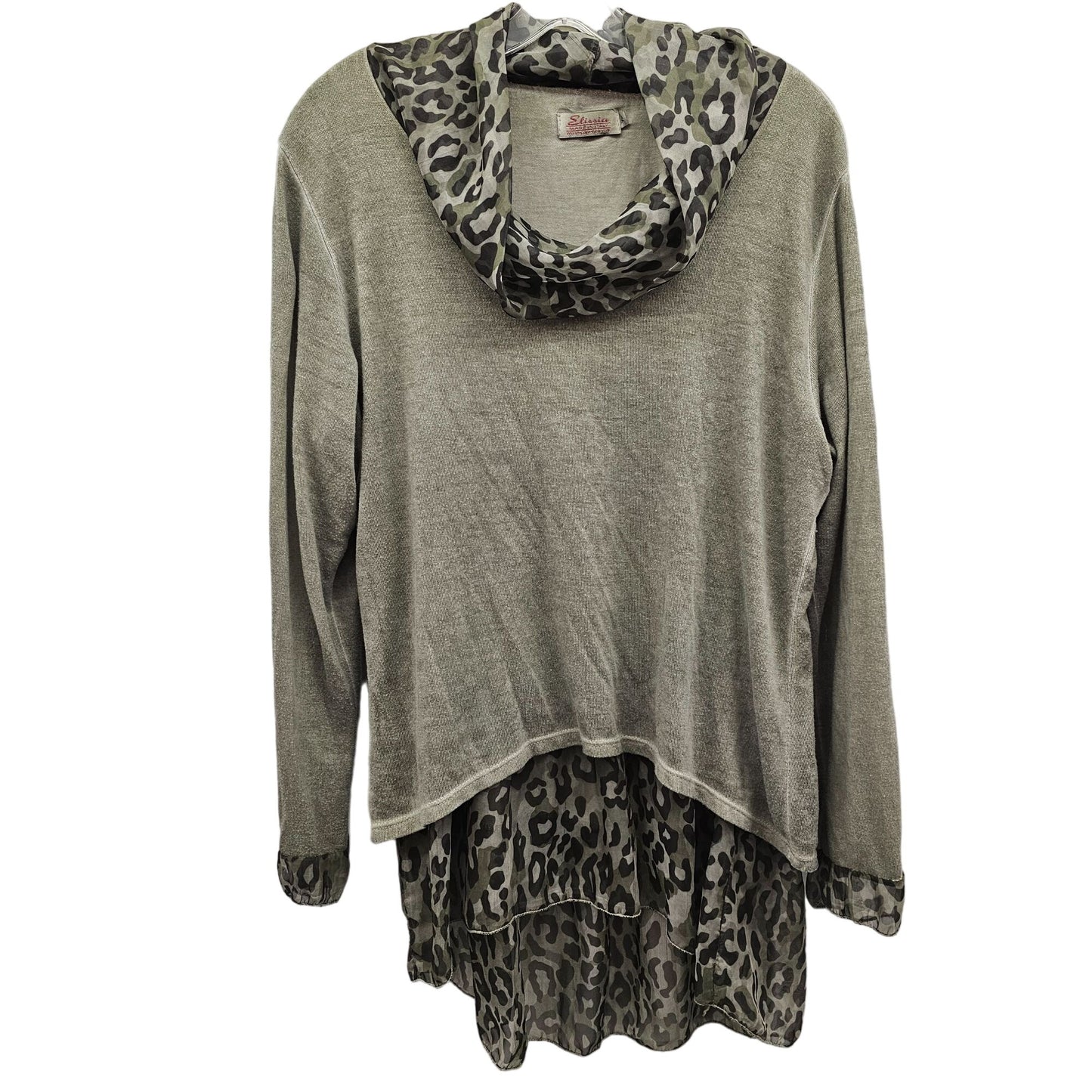 Elissia Women's XL Gray Knit Sweater With Leopard Print Chiffon Layers Made In Italy