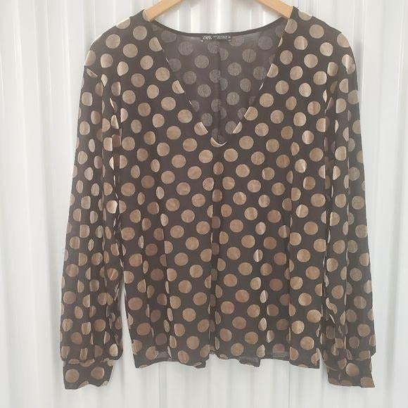 Zara Polka Dot Velvet Vneck  Long Sleeve Blouse