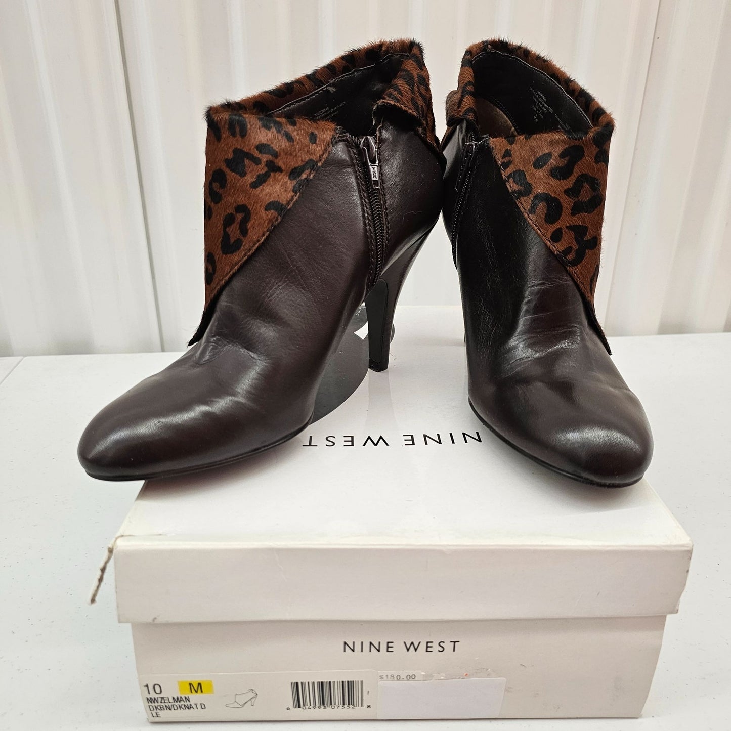 Nine West Women's Nwzelman Brown Leather, Fur & Leopard Print Ankle Boots Size 10M