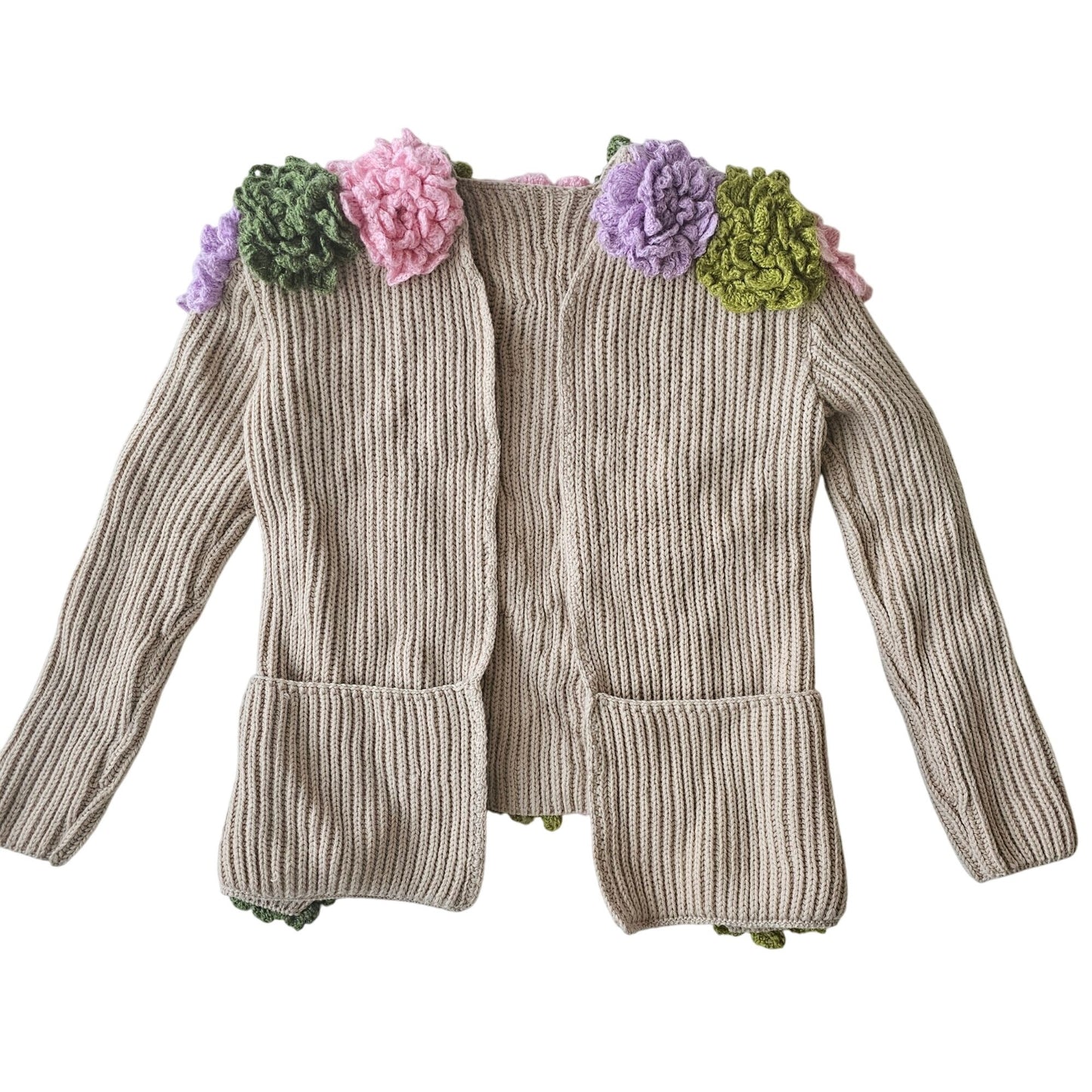 Handmade Beige Open-Front Knit Cardigan Upcycled With Floral Crochet Accents Long Sleeves & Front Pockets Womens Size M