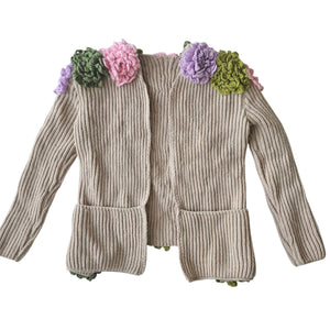 Handmade Beige Open-Front Knit Cardigan Upcycled With Floral Crochet Accents Long Sleeves & Front Pockets Womens Size M